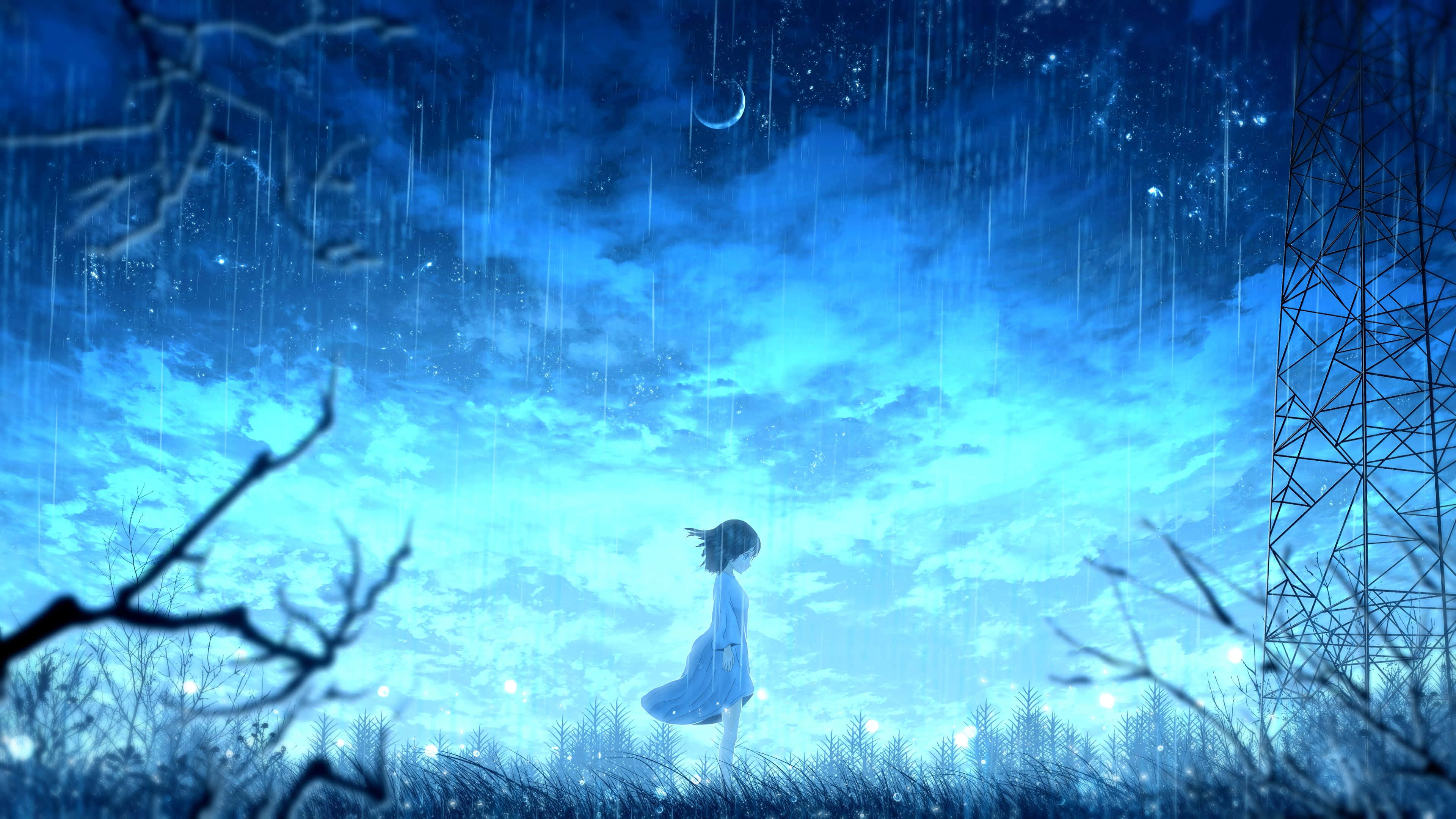 動漫女孩 桌布 壁紙 — 一個孤獨的女孩穿著白色連衣裙，站在雨夜的天空下，新月和發光的燈光在電塔附近的田野中閃爍。