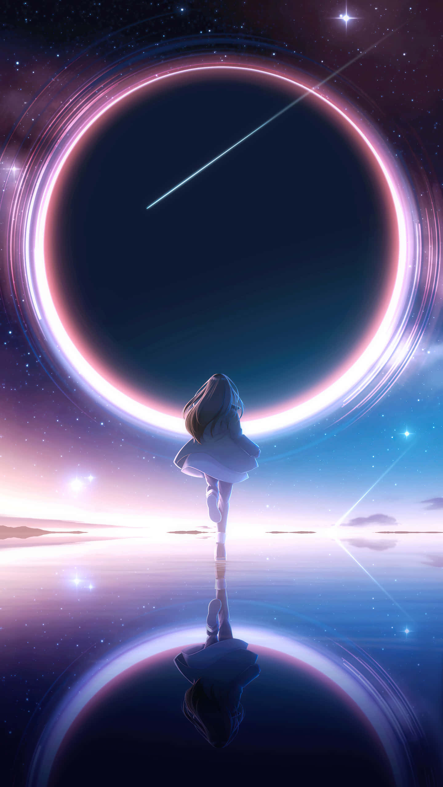 4K Anime Space 桌布 壁紙 — 一個孤獨的女孩穿著白色連衣裙站在反光表面上，凝視著一個發光的宇宙環，背景是星光燦爛的暮色天空。