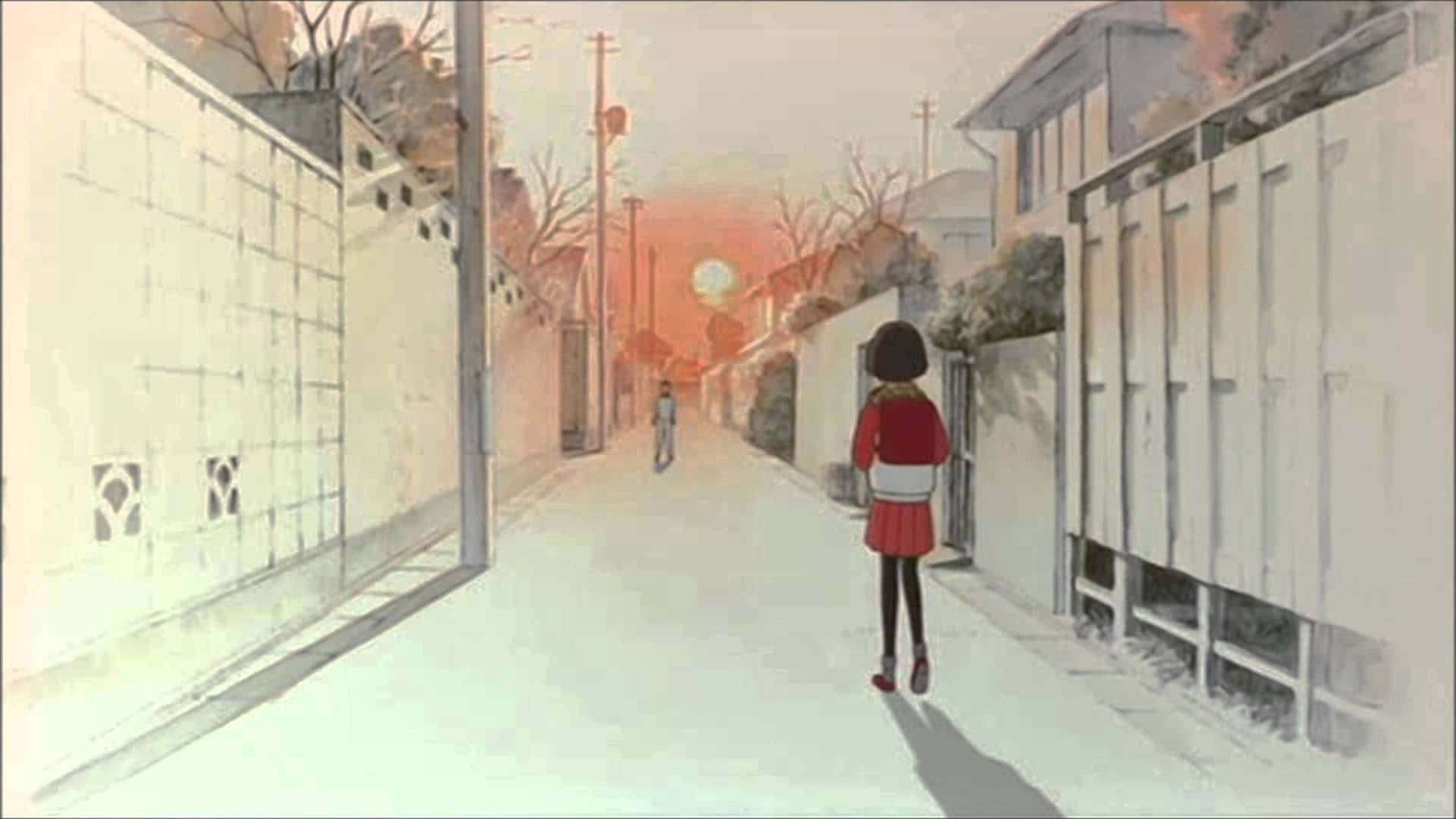 Only Yesterday 桌布 壁紙 — 一個孤獨的女孩穿著紅色外套，沿著一條安靜的小巷行走，夕陽在她身後落下，投下長長的影子。
