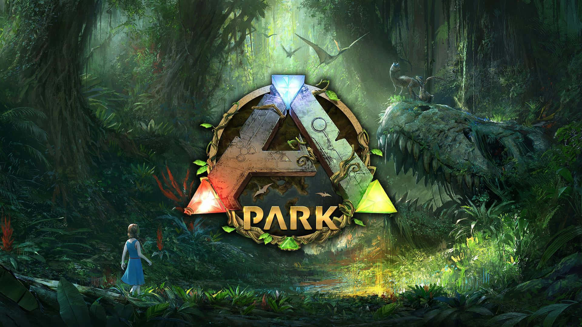 Ark 桌布 壁紙 — 一個孤獨的女孩穿著藍色連衣裙，站在霧氣瀰漫的叢林中，面對著發光的侏羅紀公園標誌，周圍有恐龍。