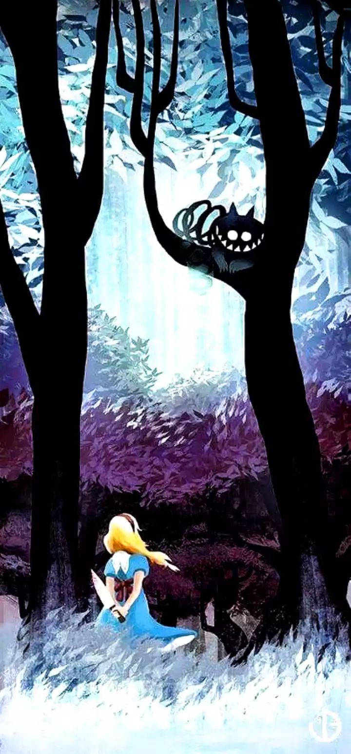 Alice In Wonderland Phone 桌布 壁紙 — 一個孤獨的女孩穿著藍色連衣裙跪在雪地森林中，一隻發光的黑貓棲息在她上方的樹枝上。