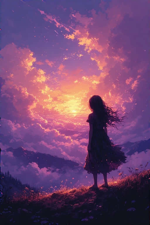 Dawn’s Embrace Sunrise Reverie 4K 壁紙 — 一個孤獨的女孩穿著飄逸的裙子，站在日落時分的草地上，在遠處山巒的映襯下，剪影映襯著充滿活力的紫色和橙色天空。