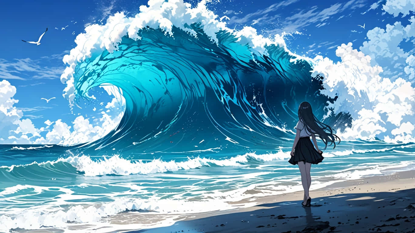 Girl sitting on the dock, waves crashing 壁紙 — 一個孤獨的女孩穿著黑色裙子，站在陽光明媚的海灘上，面對著在明亮的藍天白雲和海鷗下翻騰的巨大碧綠色海浪。