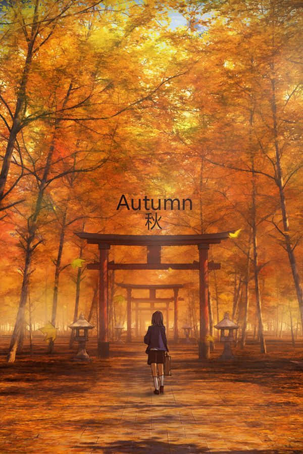 動漫女孩 桌布 壁紙 — 一個孤獨的女孩穿過金色的秋日森林，走向沐浴在溫暖陽光下的傳統日本鳥居。