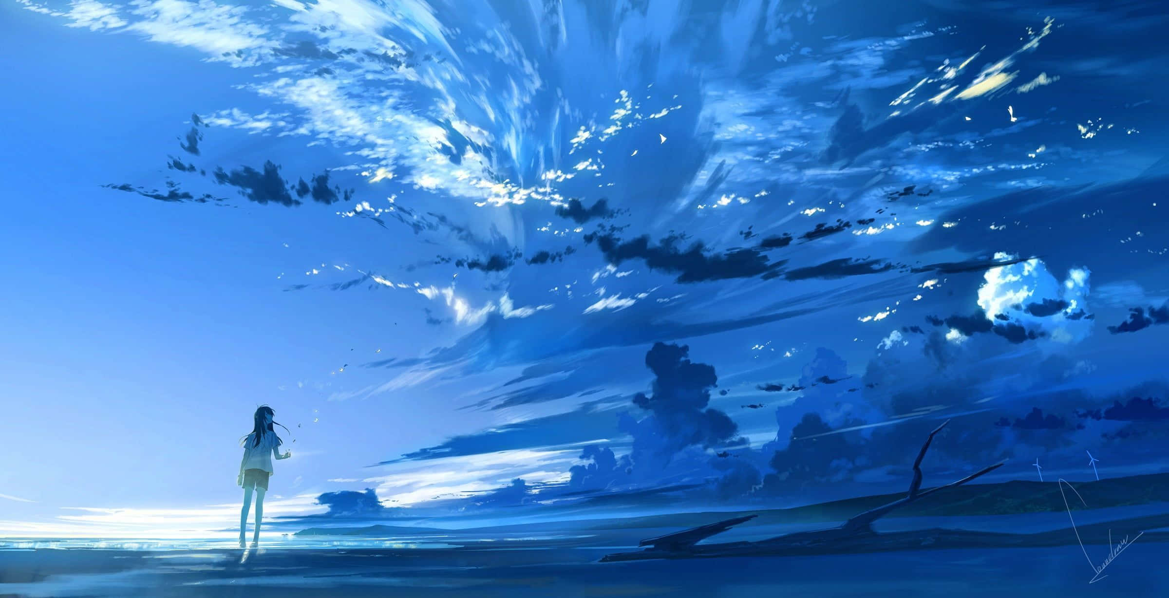 Cyan Aesthetic 桌布 壁紙 — 一個孤獨的女孩站在廣闊的藍色海岸線上，天空戲劇性地旋轉，充滿雲朵和柔和的光線。
