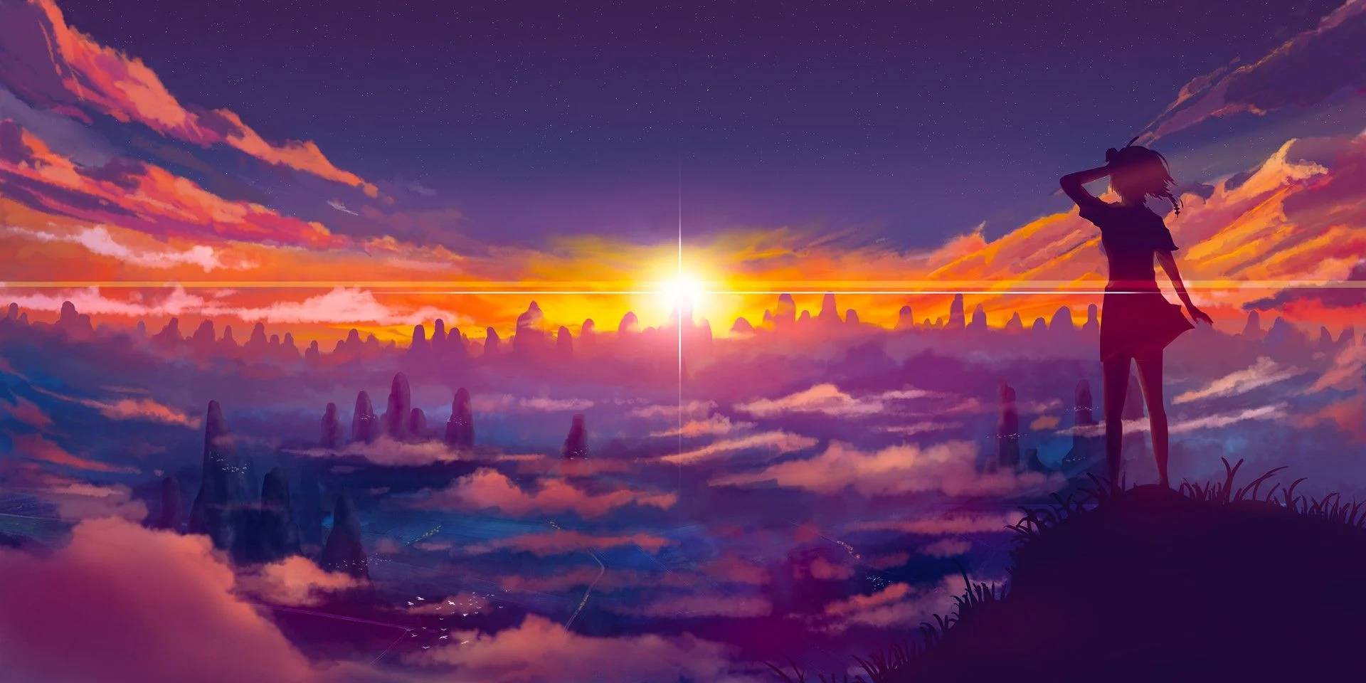 夕陽天空 桌布 壁紙 — 一個孤獨的女孩站在懸崖頂上，俯瞰著超現實的日落，鋸齒狀的山峰刺穿沐浴在火橙色和深紫色色調中的雲層。