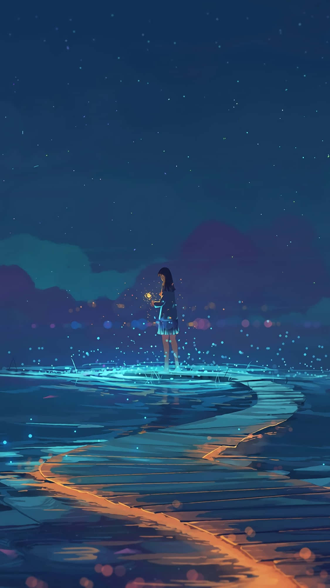 動漫風格 桌布 壁紙 — 一個孤獨的女孩站在星光燦爛的夜空下，水中的發光小徑上，提著一盞燈籠。