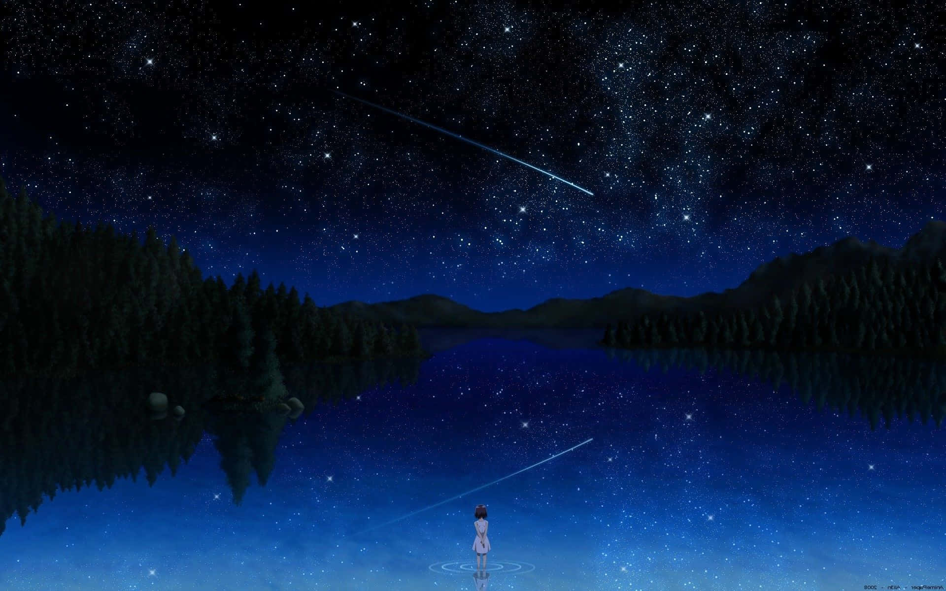 美學 桌布 壁紙 — 一個孤獨的女孩站在星光閃爍的湖邊，一顆流星劃過夜空，倒映在水中。