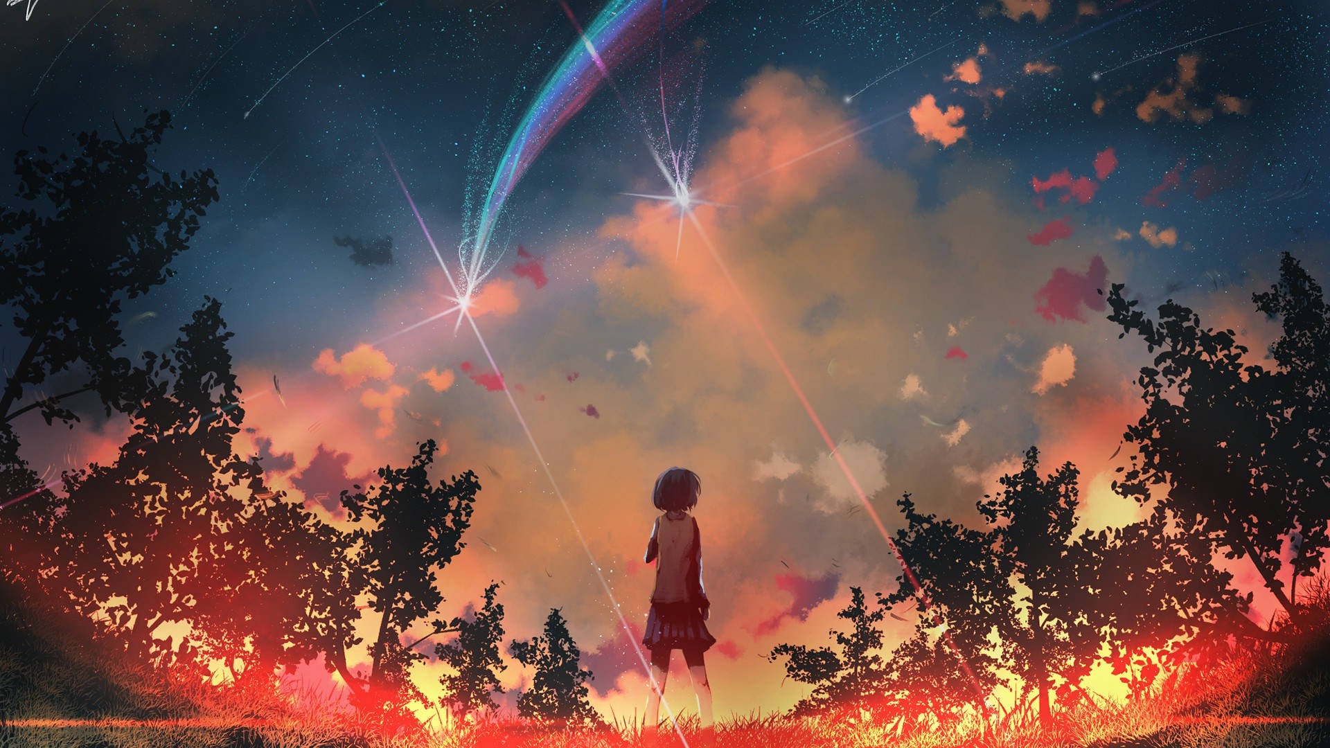 動畫風景 桌布 壁紙 — 一個孤獨的女孩站在暮色中的田野上，看著一顆充滿活力的流星劃過剪影樹木上方的星空。