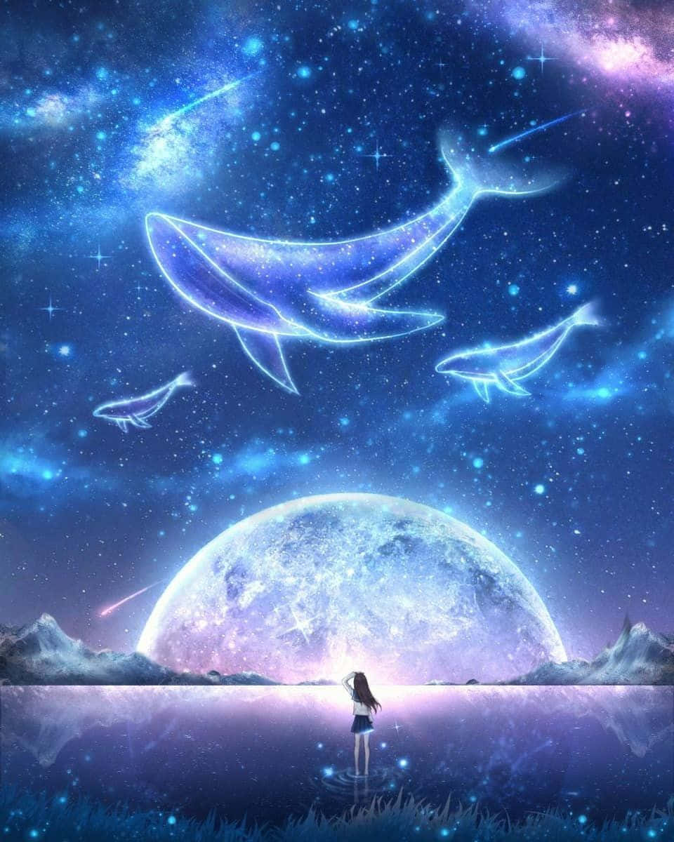Gambar 桌布 壁紙 — 一個孤獨的女孩站在水邊，仰望在巨大月亮上方星空宇宙中游動的發光鯨魚星座。