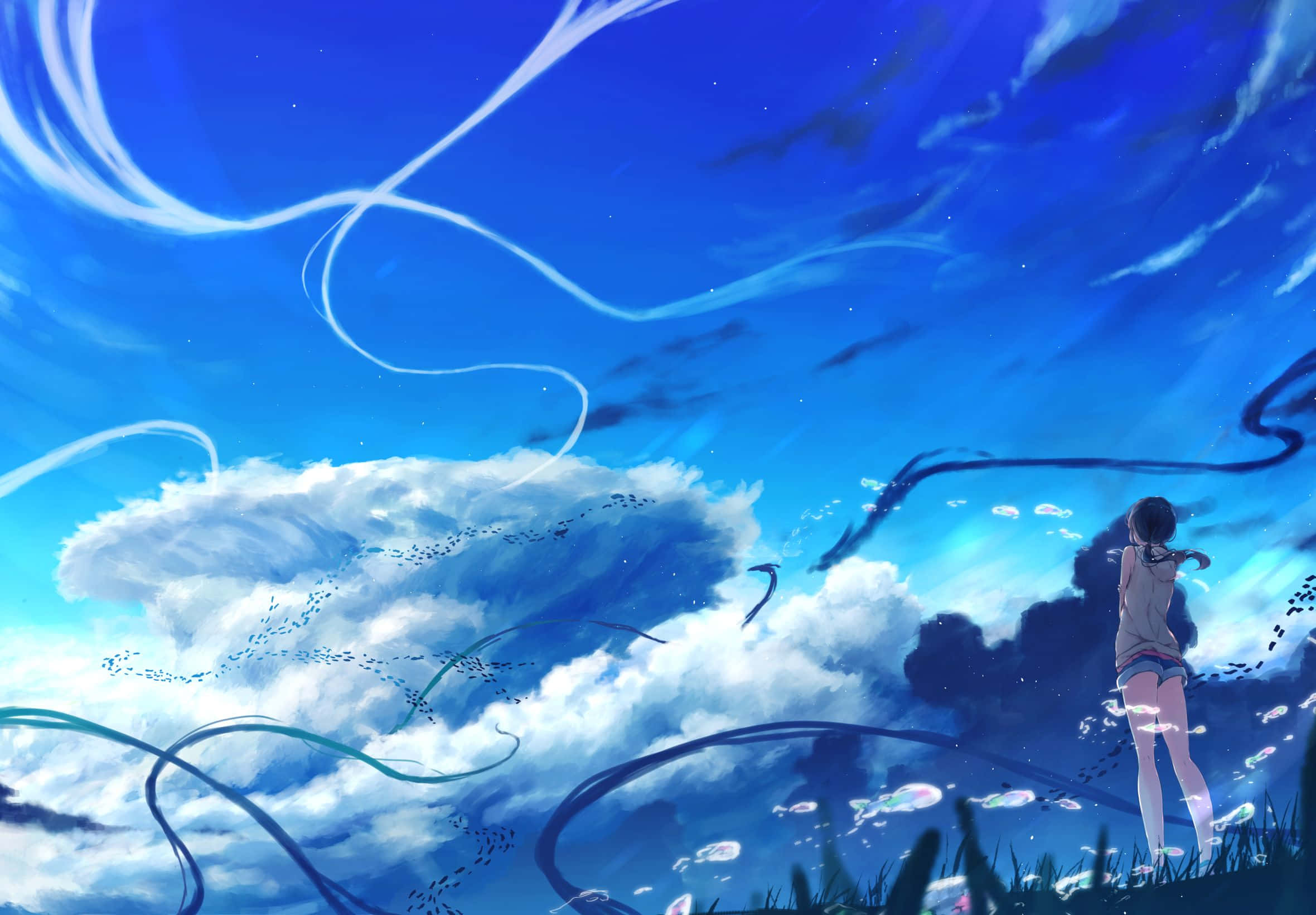 Anime Sky 桌布 壁紙 — 一個孤獨的女孩站在草地上，仰望廣闊的藍天，天空充滿了旋轉的雲朵和漂浮的氣泡。