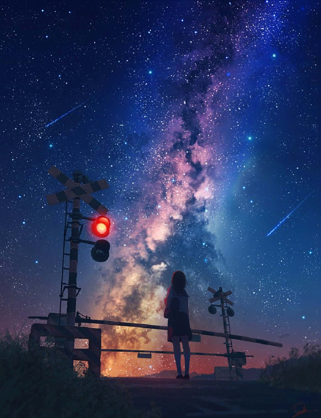銀河 桌布 壁紙 — 一個孤獨的女孩站在鐵路平交道，上方是充滿活力的星空，還有一盞發光的紅色信號燈。