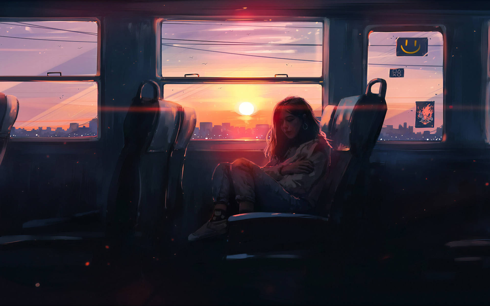 Alone 桌布 壁紙 — 一個孤獨的女孩蜷縮在火車車廂裡，身後窗戶透進鮮豔的夕陽餘暉。
