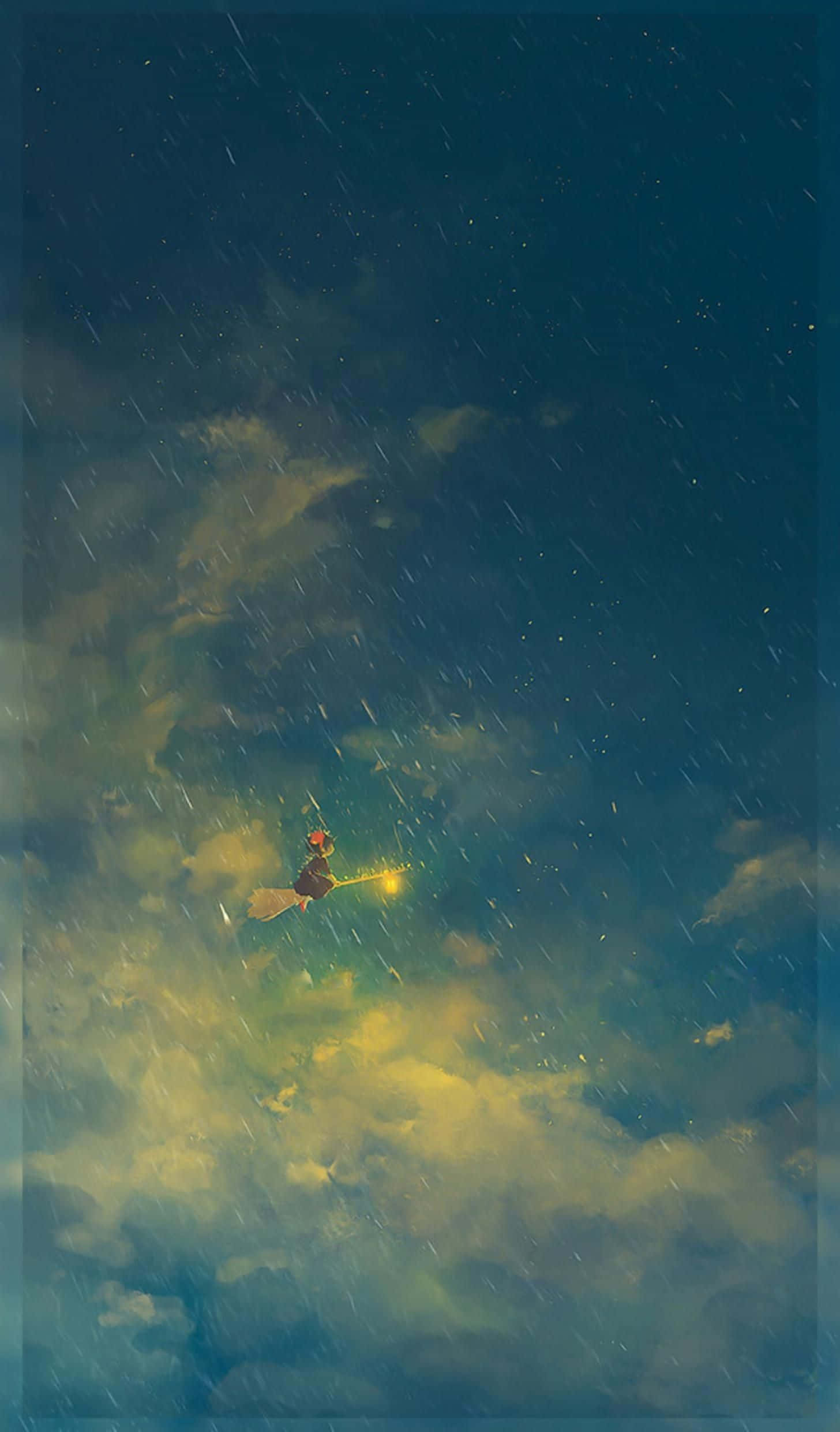 Studio Ghibli Phone 桌布 壁紙 — 一個孤獨的女巫騎著掃帚飛過被發光燈籠照亮的暴風雨夜空。
