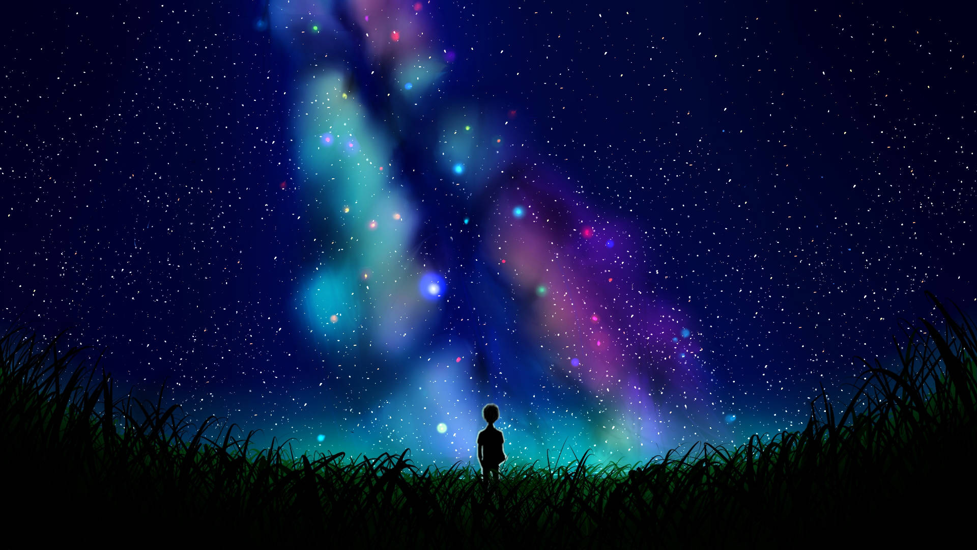 宇宙 桌布 壁紙 — 一個孤獨的孩子以剪影站在草地上，仰望深邃夜空中閃耀著青綠、紫色和藍色星星的鮮豔宇宙星雲。