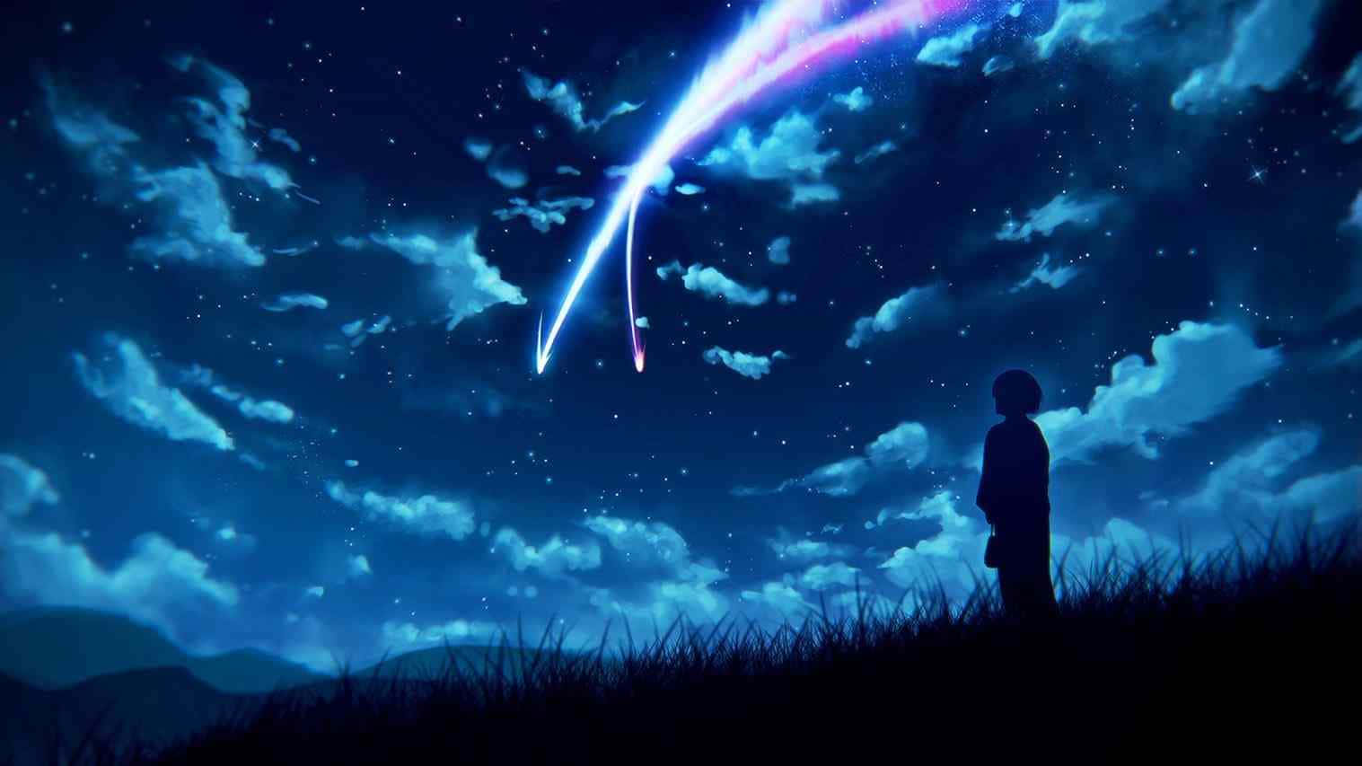 Blue Anime 桌布 壁紙 — 一個孤獨的孩子以剪影站在長滿草的山丘上，仰望一顆充滿活力的宇宙流星劃過繁星點點的夜空。