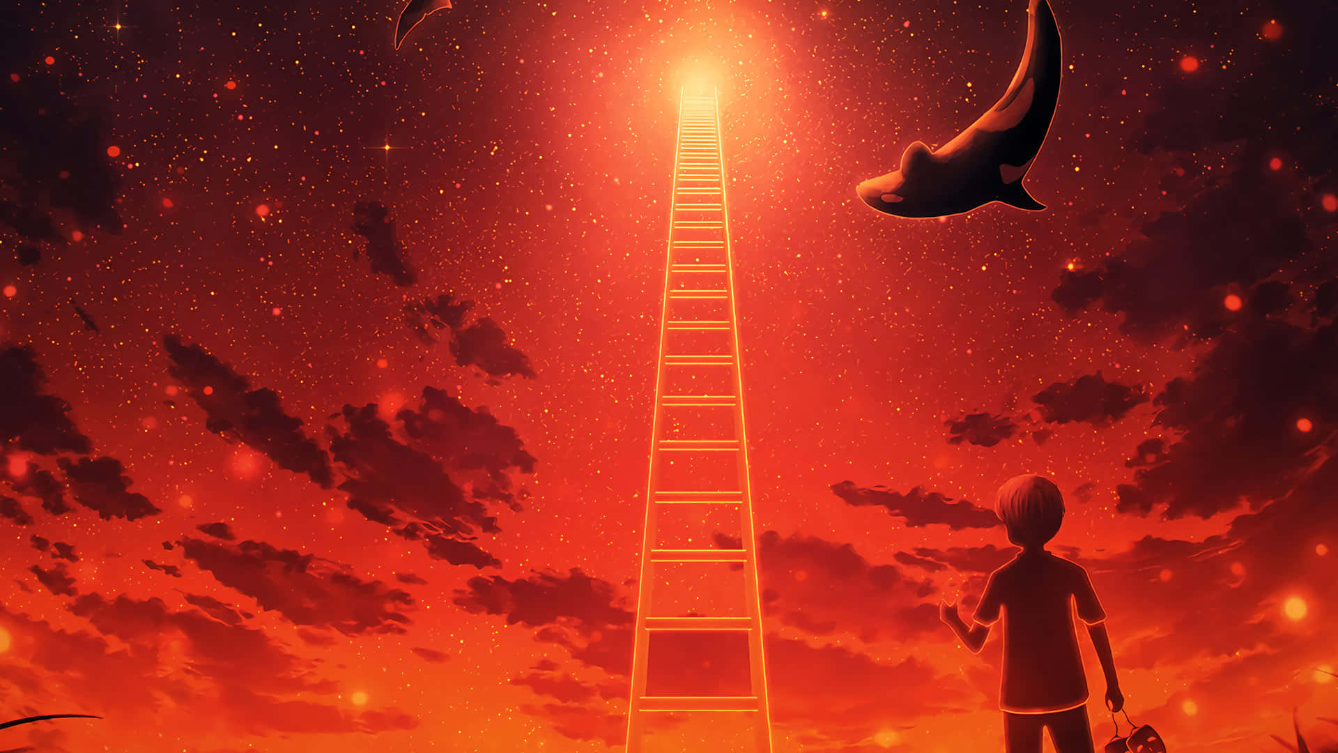 Anime Sky 桌布 壁紙 — 一個孤獨的孩子仰望一道發光的梯子，梯子延伸至佈滿星星和跳躍虎鯨的火紅天空。