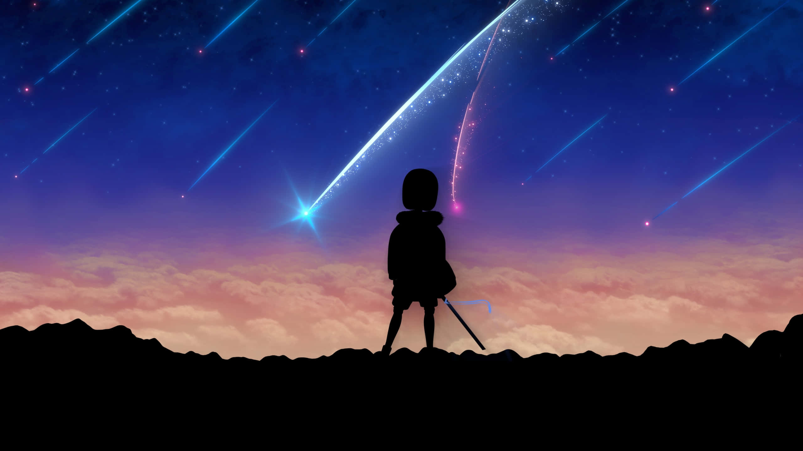 2560x1440 動態圖片 桌布 壁紙 — 一個孤獨的孩子剪影站在山脊上，凝視著充滿流星和閃爍星星的鮮豔天空。