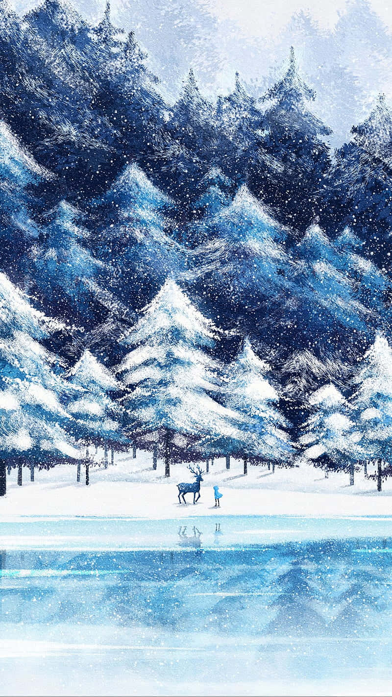 Simple Winter 桌布 壁紙 — 一個孤獨的孩子和一隻鹿站在結冰的湖邊，被白雪覆蓋的常青樹下，在寧靜的冬日仙境中。