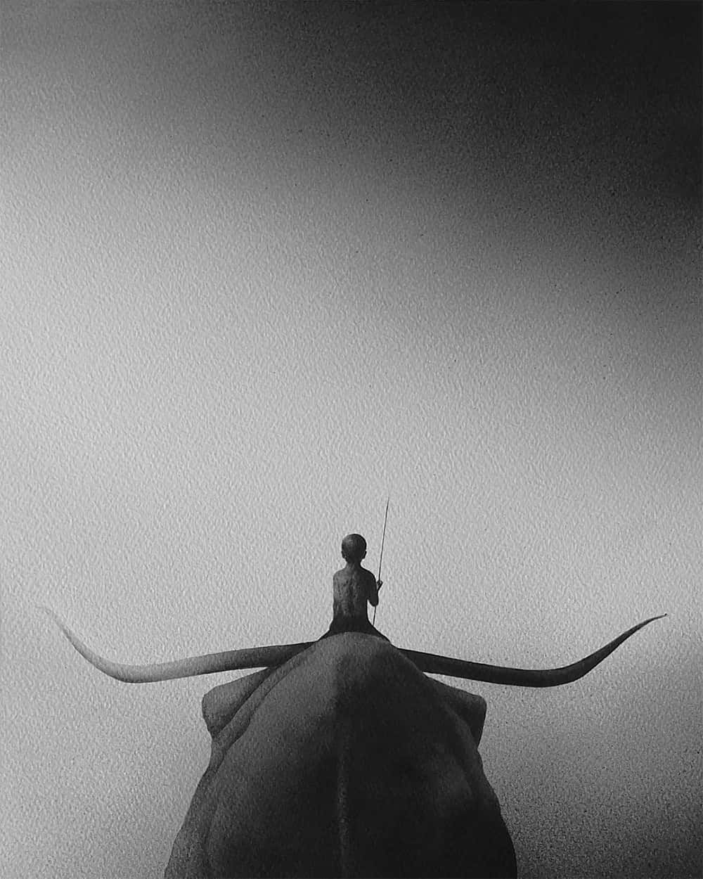 Black And White Painting 桌布 壁紙 — 一個孤獨的孩子坐在一隻巨大的有角生物上，背景是廣闊的單色天空。