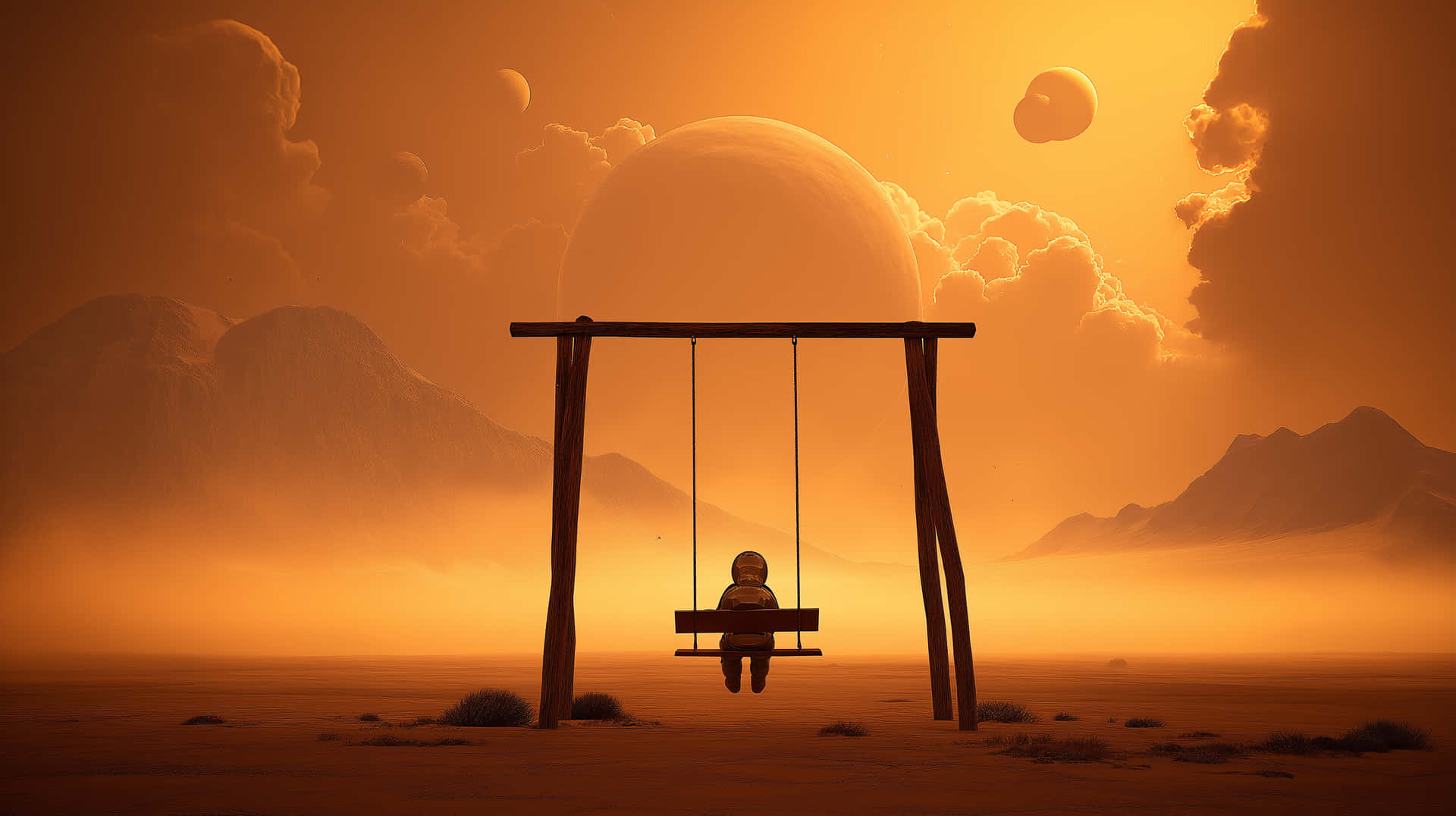 Astronaut on Swing Gazing at Distant Alien Worlds 壁紙 — 一個孤獨的孩子穿著太空衣坐在木鞦韆上，下方是一個巨大的橙色星球，有漂浮的月亮和遙遠的山脈。
