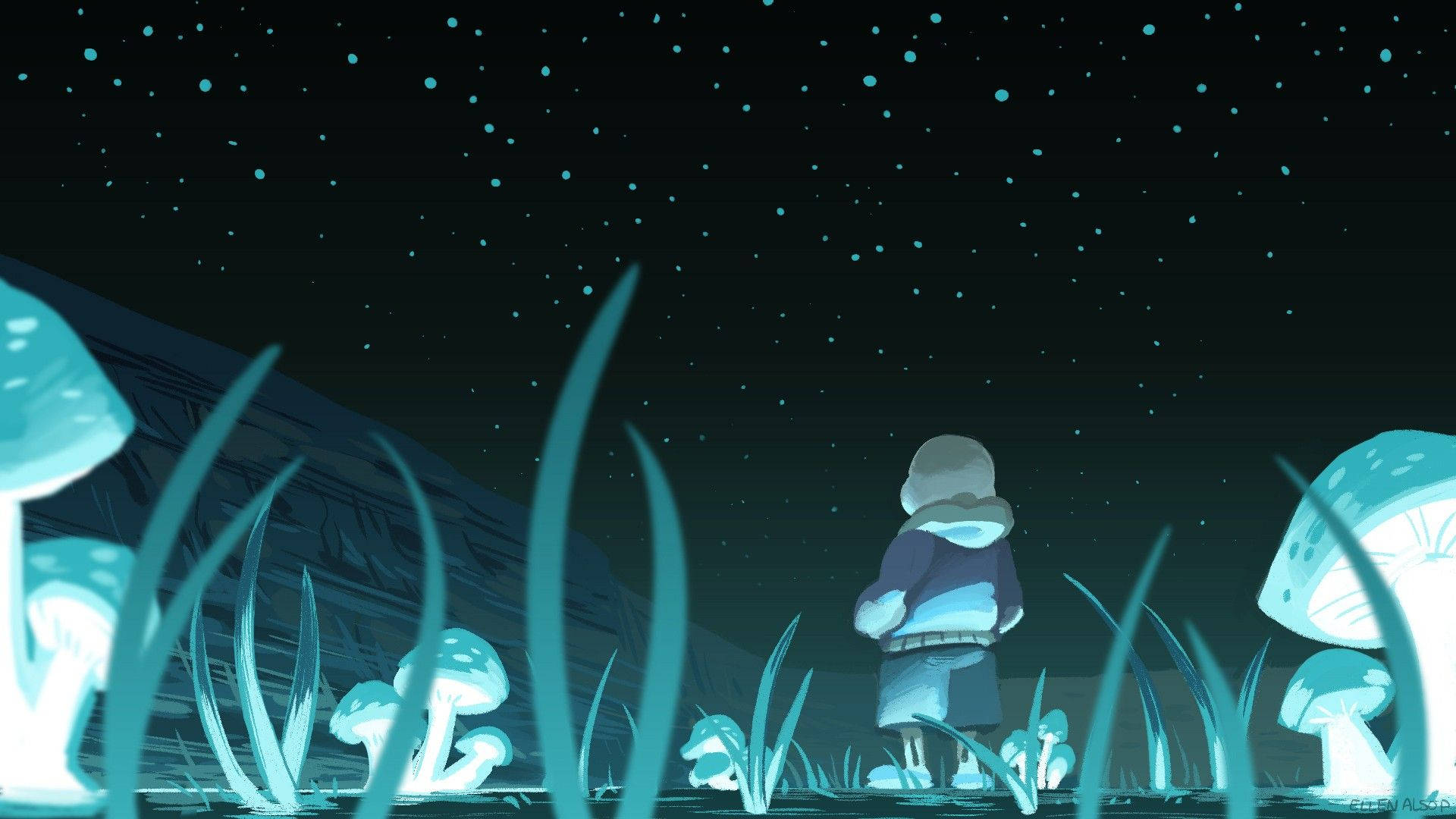 Sans 桌布 壁紙 — 一個孤獨的孩子穿著連帽外套，站在發光的青綠色蘑菇森林中，星空下。