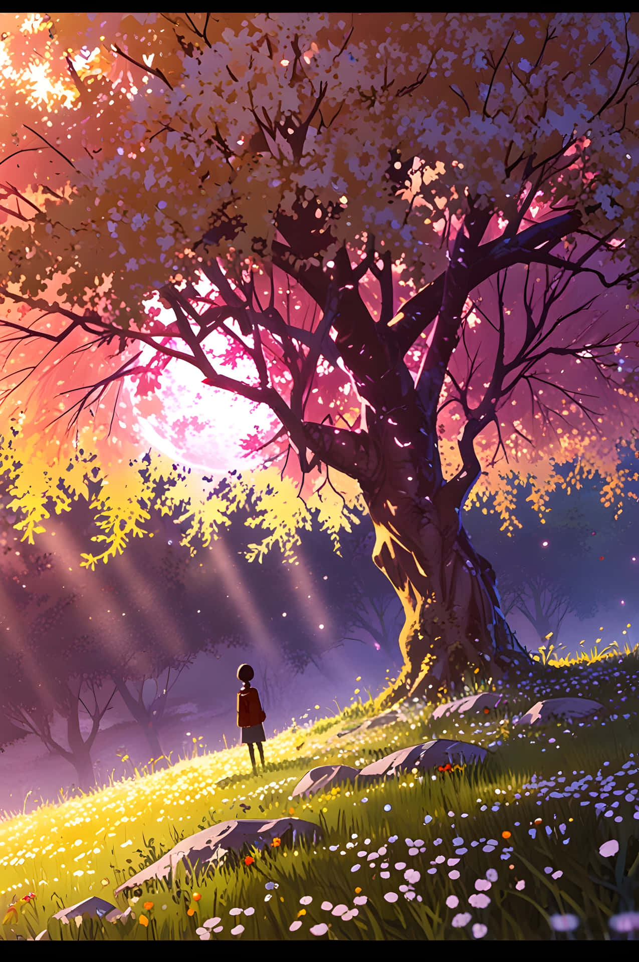 Blossom Tree in the Sunlight 壁紙 — 一個孤獨的孩子站在一棵盛開的大樹下，金色的光芒穿過粉紅色和紫色的暮色天空。