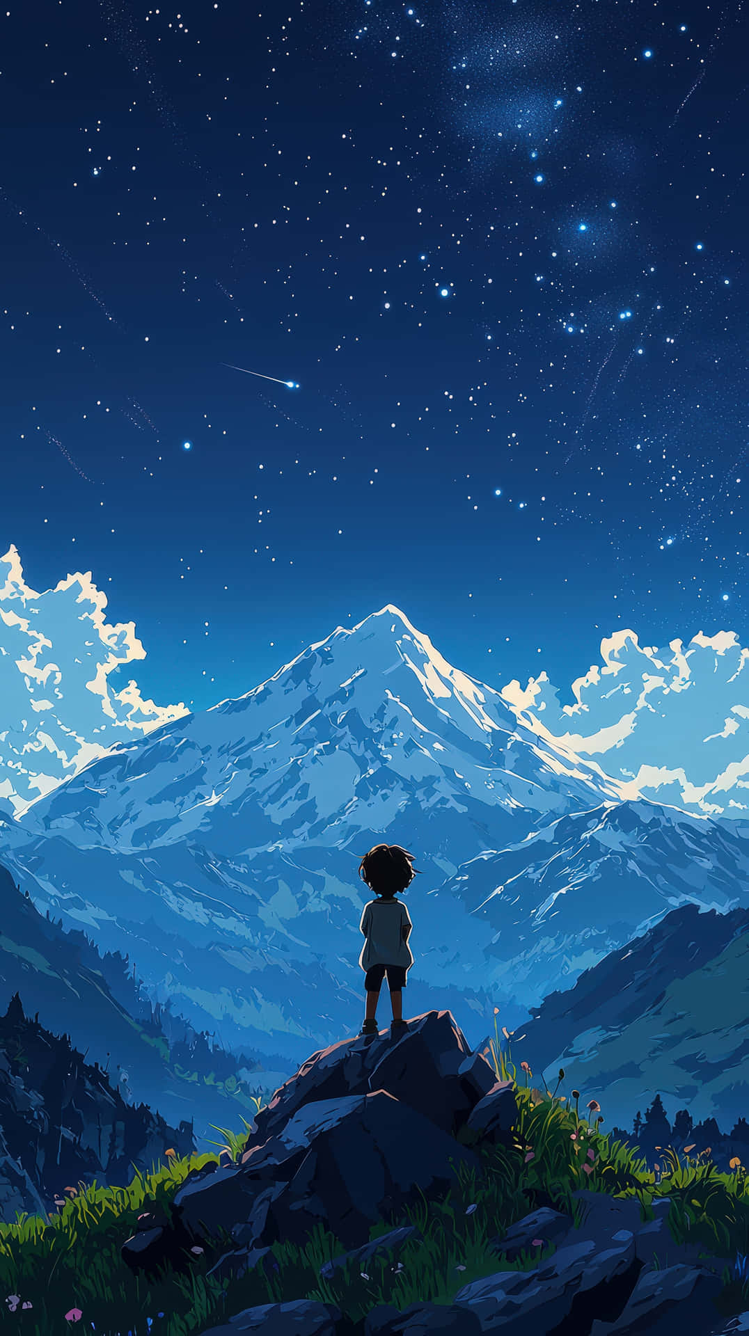 Anime Boy Standing on a Mountain Under a Majestic Starry Night Sky with Shooting Stars 壁紙 — 一個孤獨的孩子站在岩石山頂上，仰望白雪覆蓋的山脈上方廣闊的星空。
