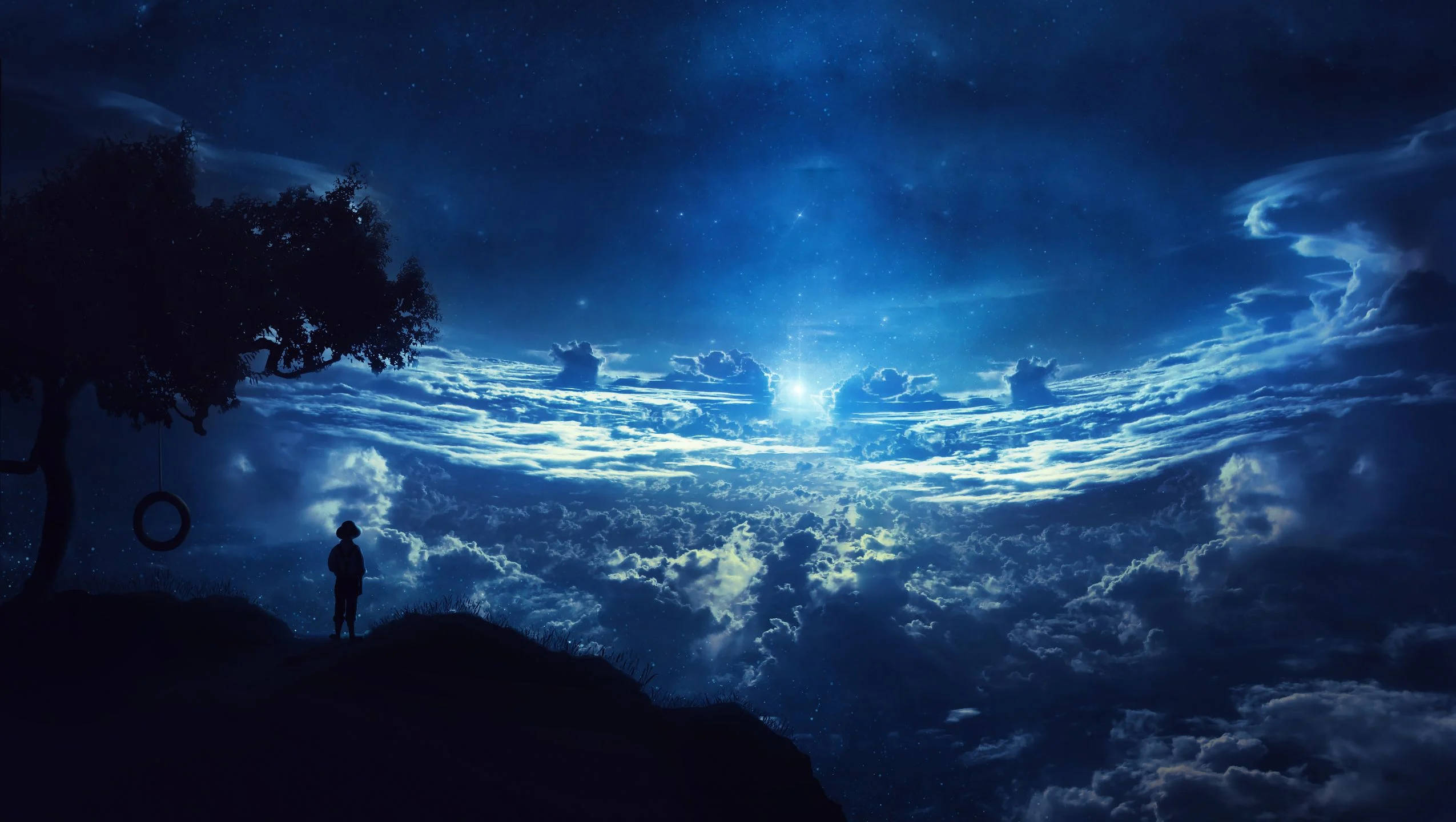 2440x1440 桌布 壁紙 — 一個孤獨的孩子站在懸崖上，頭頂是繁星點點的夜空，有發光的雲朵和一束明亮的天光。