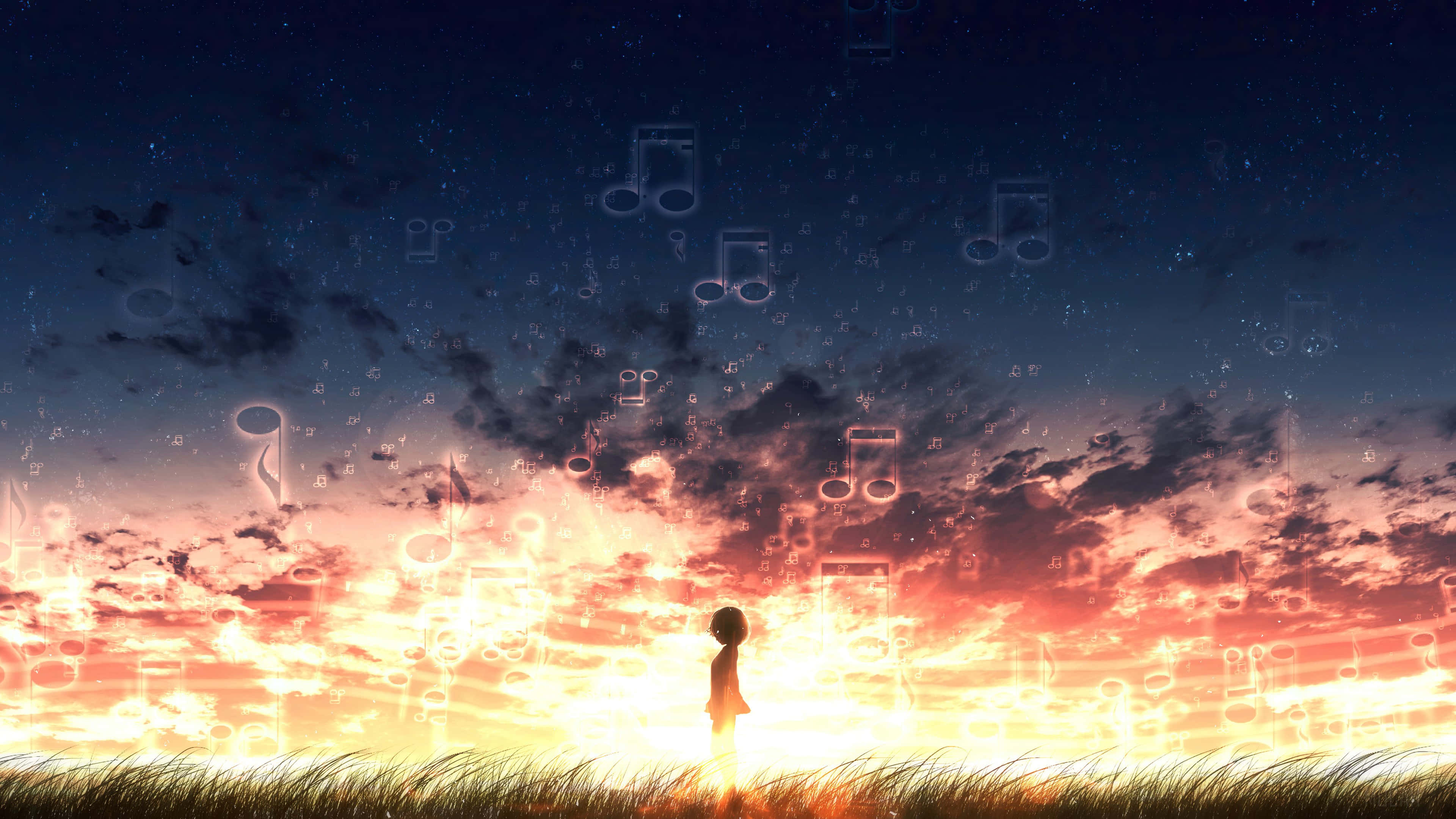 Beautiful Anime 桌布 壁紙 — 一個孤獨的孩子站在田野中，發光的音符在火紅的日落天空飄浮。