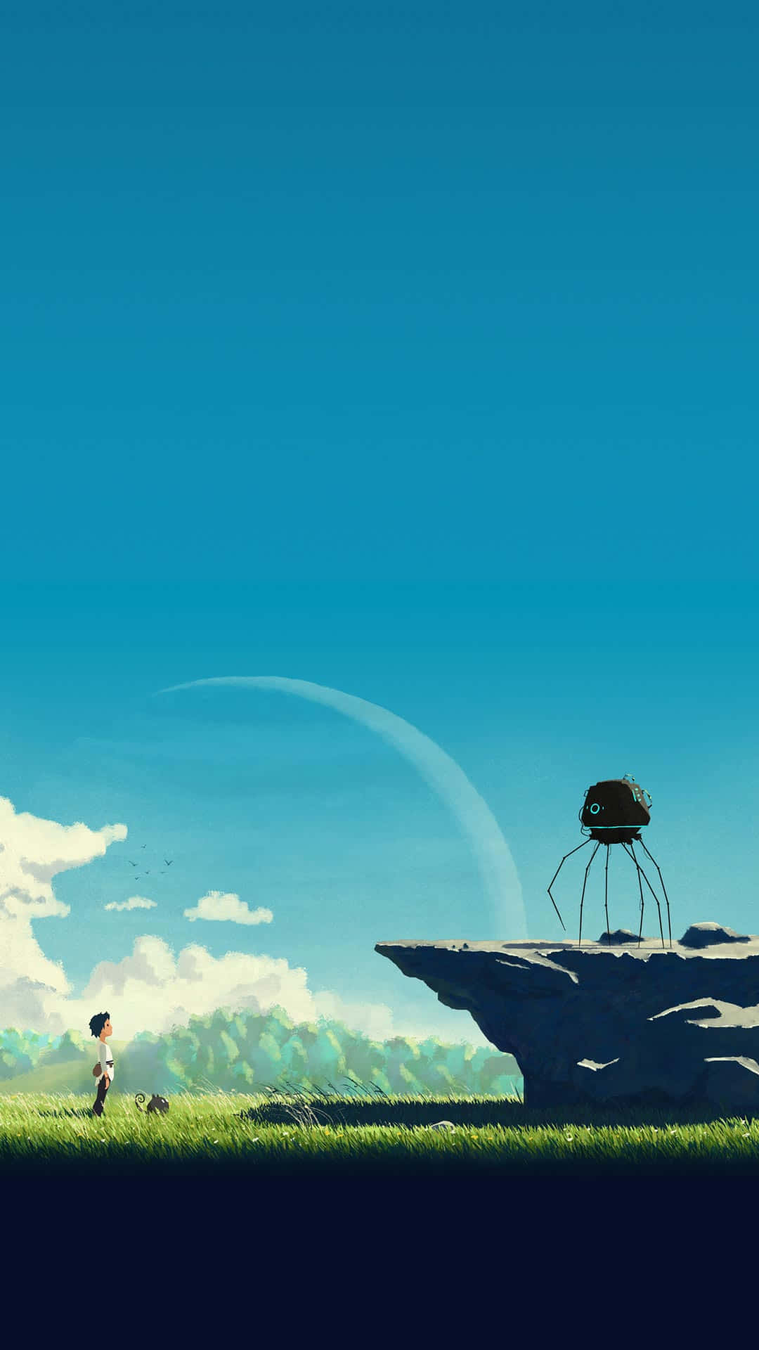 Studio Ghibli Phone 桌布 壁紙 — 一個孤獨的孩子站在草地上，凝視著棲息在懸崖上的一個漂浮機械生物，背景是廣闊的藍天。