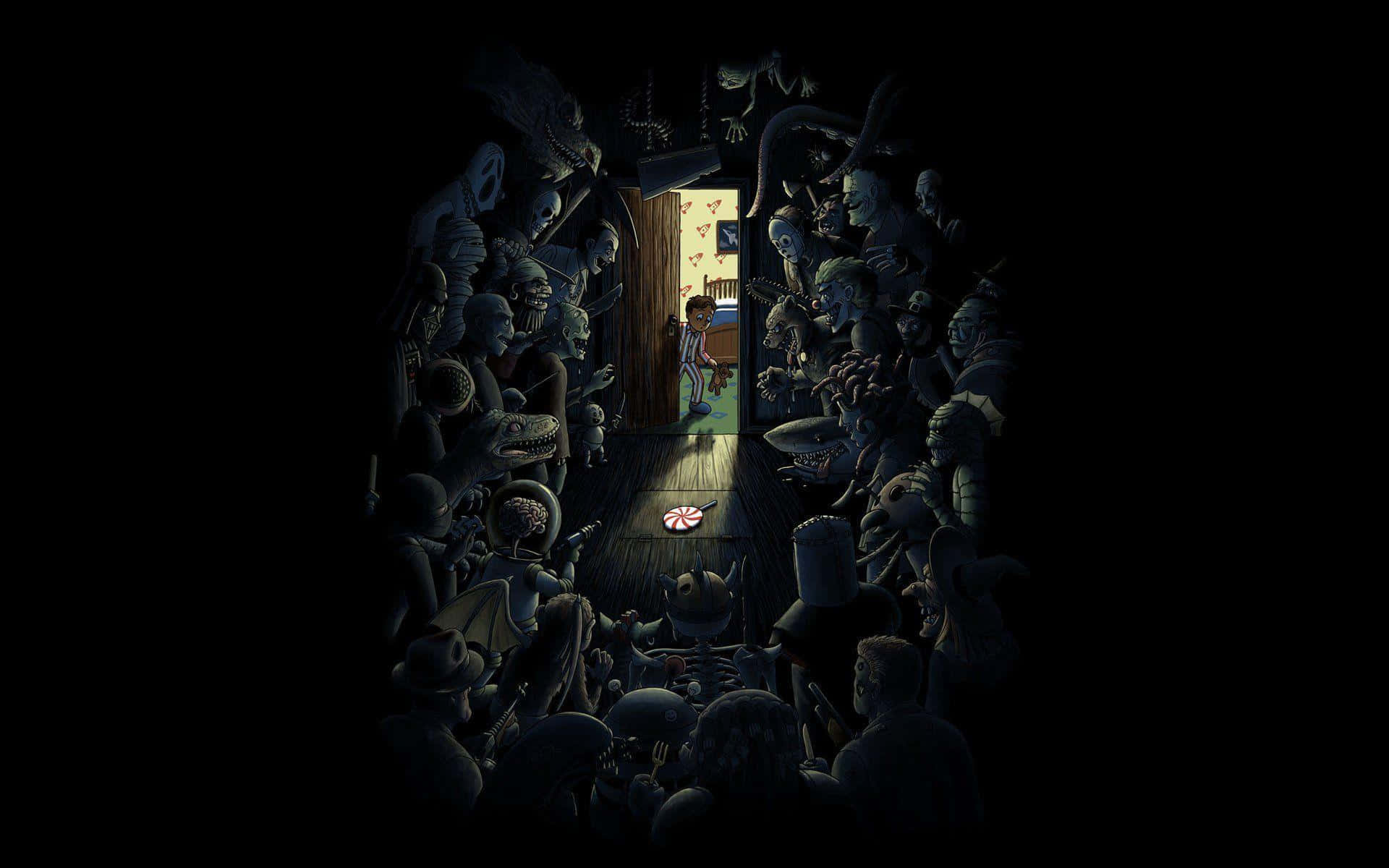 Scared 桌布 壁紙 — 一個孤獨的孩子站在被光照亮的門口，在黑暗的走廊中被一群密集的陰影般的怪誕生物包圍。