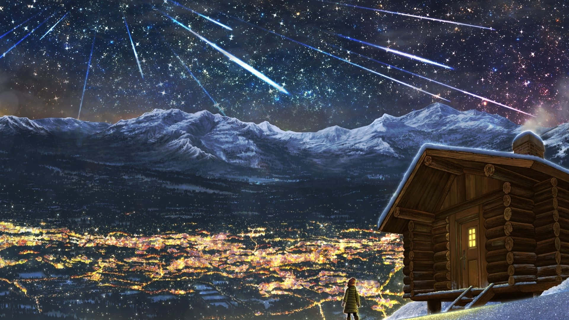 Night Anime 桌布 壁紙 — 一個孤獨的孩子站在雪地木屋前，在流星劃過的星空下，俯瞰著發光的山谷小鎮。