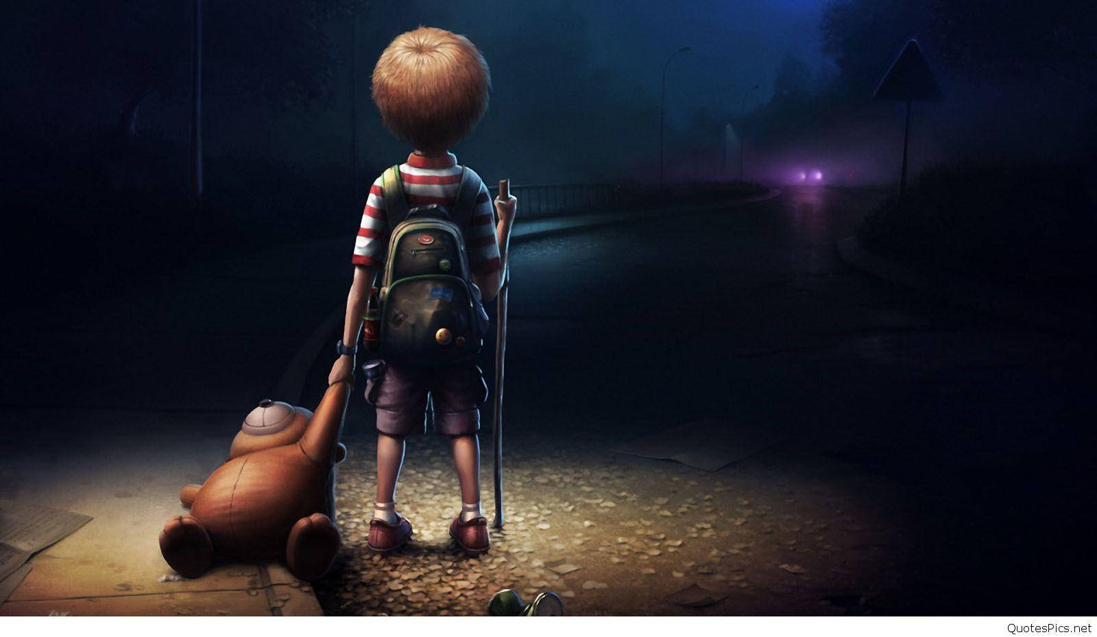 Alone Boy 桌布 壁紙 — 一個孤獨的孩子背著背包、拄著手杖，站在霧氣瀰漫的夜路上，抱著一隻泰迪熊，遠處的車燈在前方閃爍。