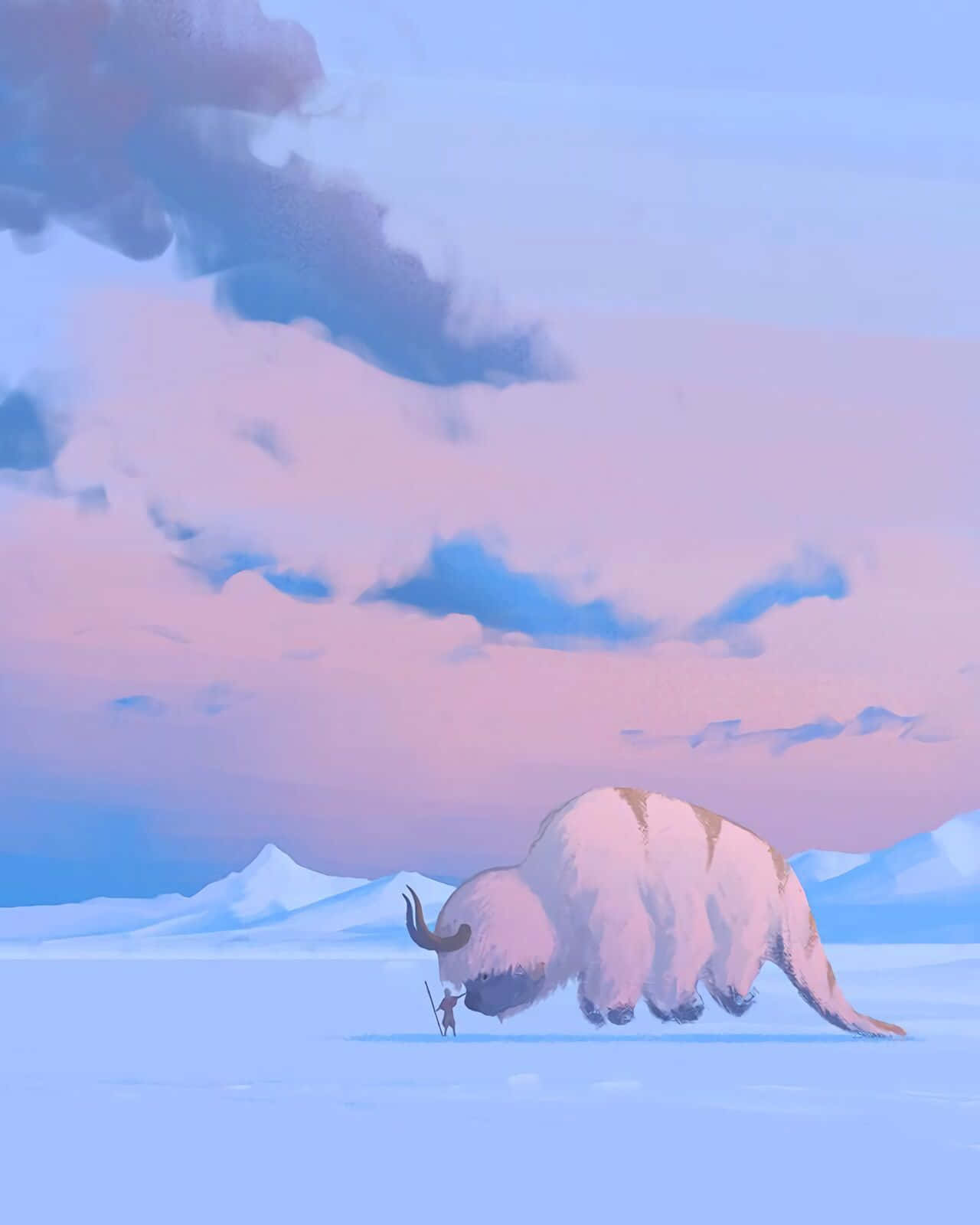 Appa Avatar 桌布 壁紙 — 一個孤獨的小人物站在一頭巨大的長毛猛獁象旁邊，身處廣闊的雪原，天空是粉紅和藍色的柔和色調。