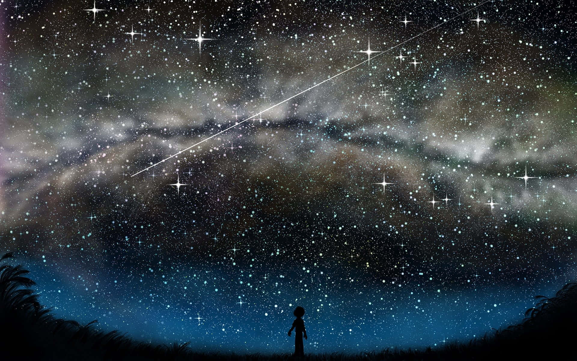 Galaxy Poster 桌布 壁紙 — 一個孤獨的小孩剪影仰望充滿活力的星空，劃過明亮的流星和發光的星雲。