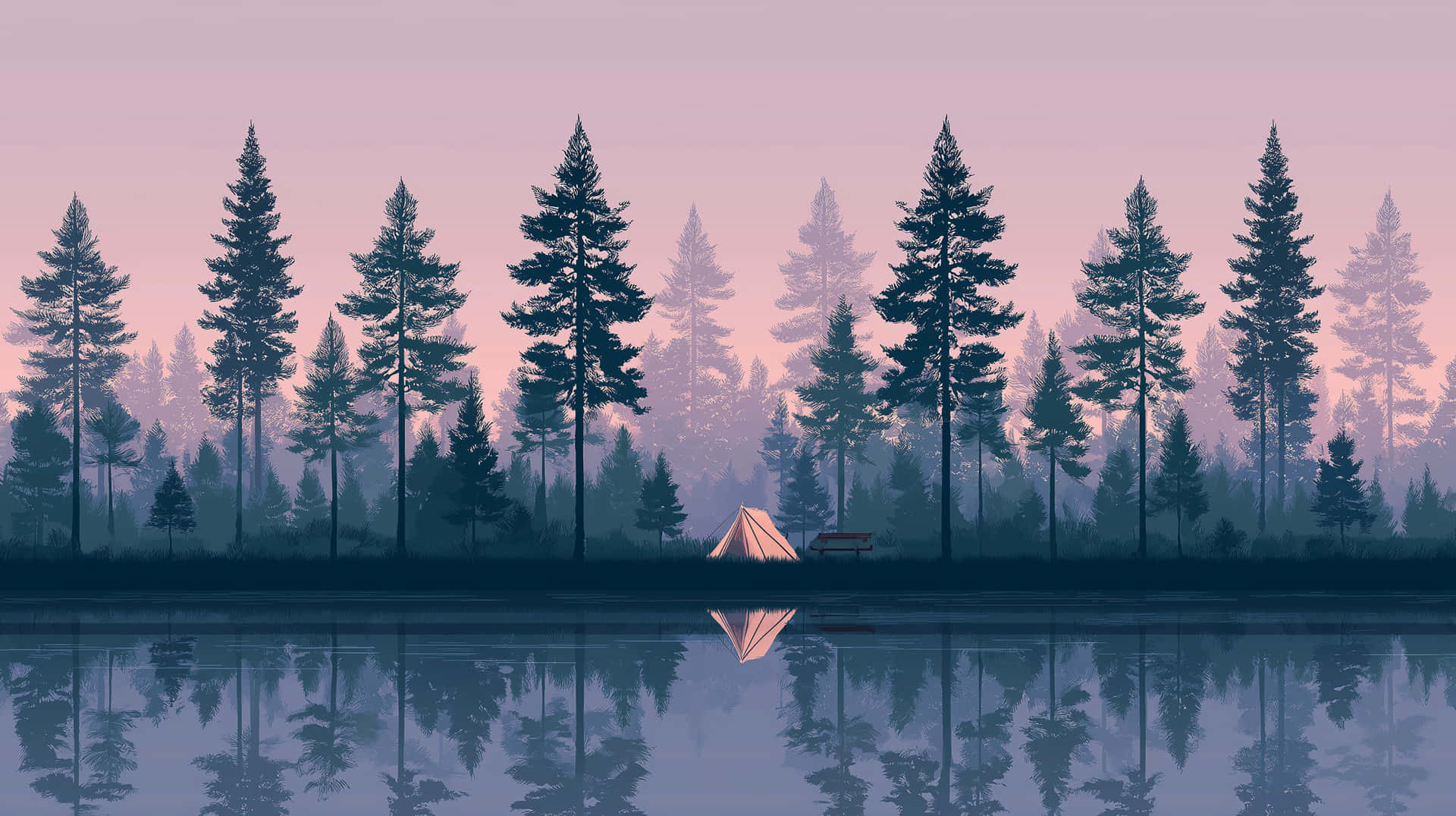 Minimalist Forest Lake Scene with Tent at Sunset 壁紙 — 一個孤獨的帳篷和長椅坐落在霧氣瀰漫的湖邊，倒映著高大的松樹，在柔和的粉紫色暮色天空下。