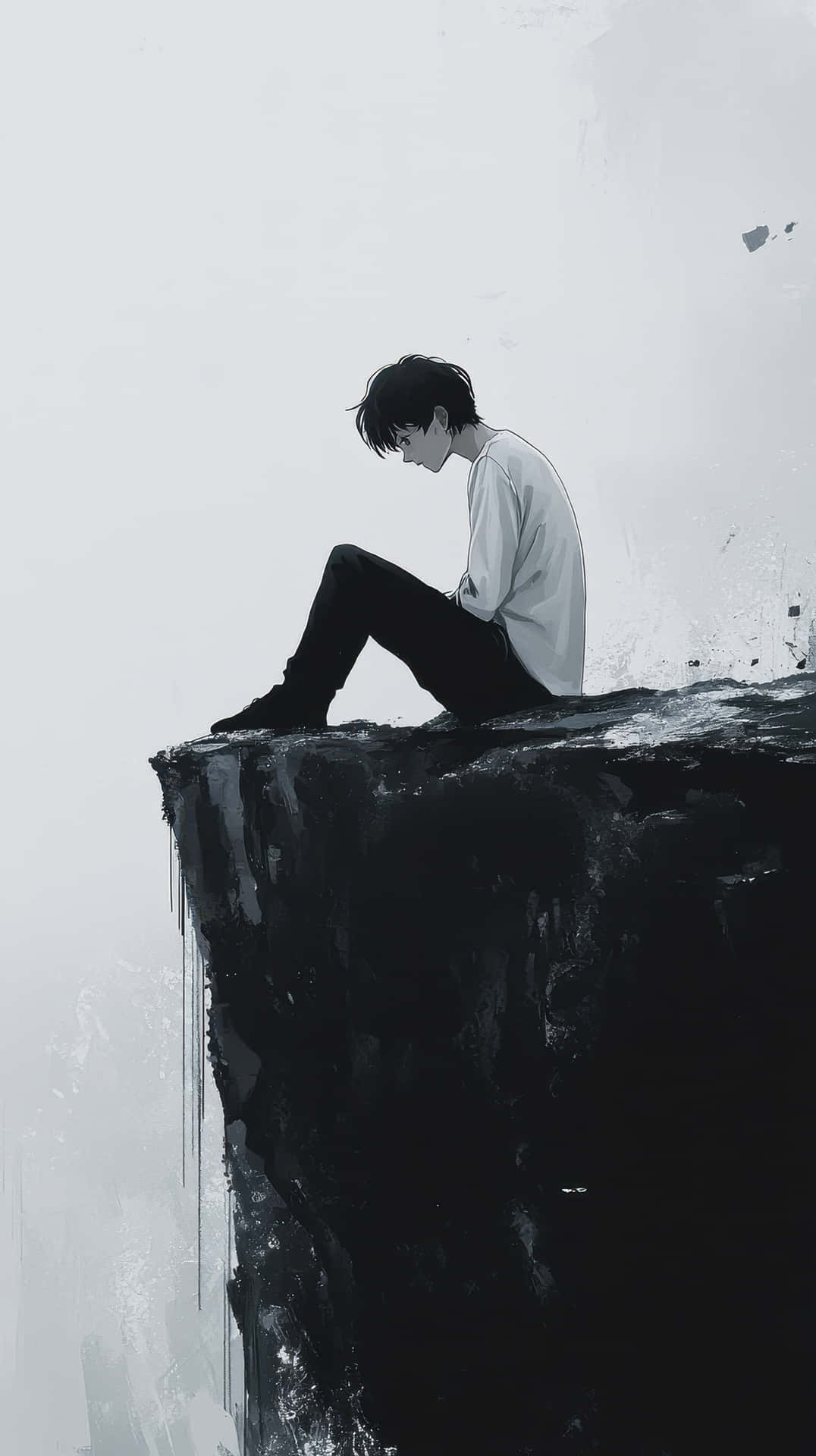 Solitary Figure Sitting on a Cliff in a Minimalist Monochrome Scene 壁紙 — 一個孤獨的年輕男子穿著白襯衫，在淡灰色天空下沉思地坐在黑暗的懸崖邊緣。