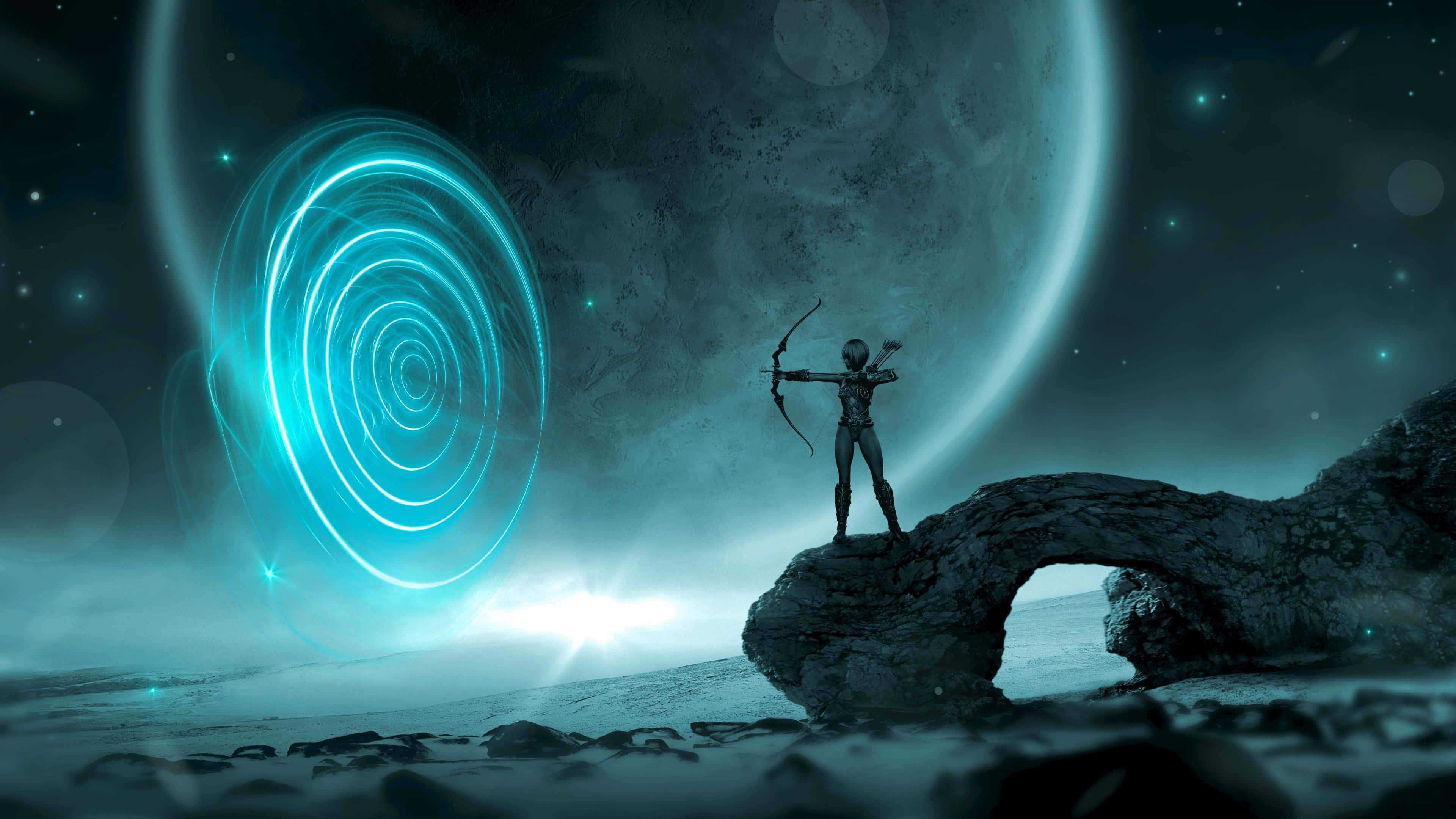 sagittarius 桌布 壁紙 — 一個孤獨的弓箭手站在岩石拱門上，瞄準一個發光的藍色螺旋傳送門，背景是宇宙和一個巨大的月亮。