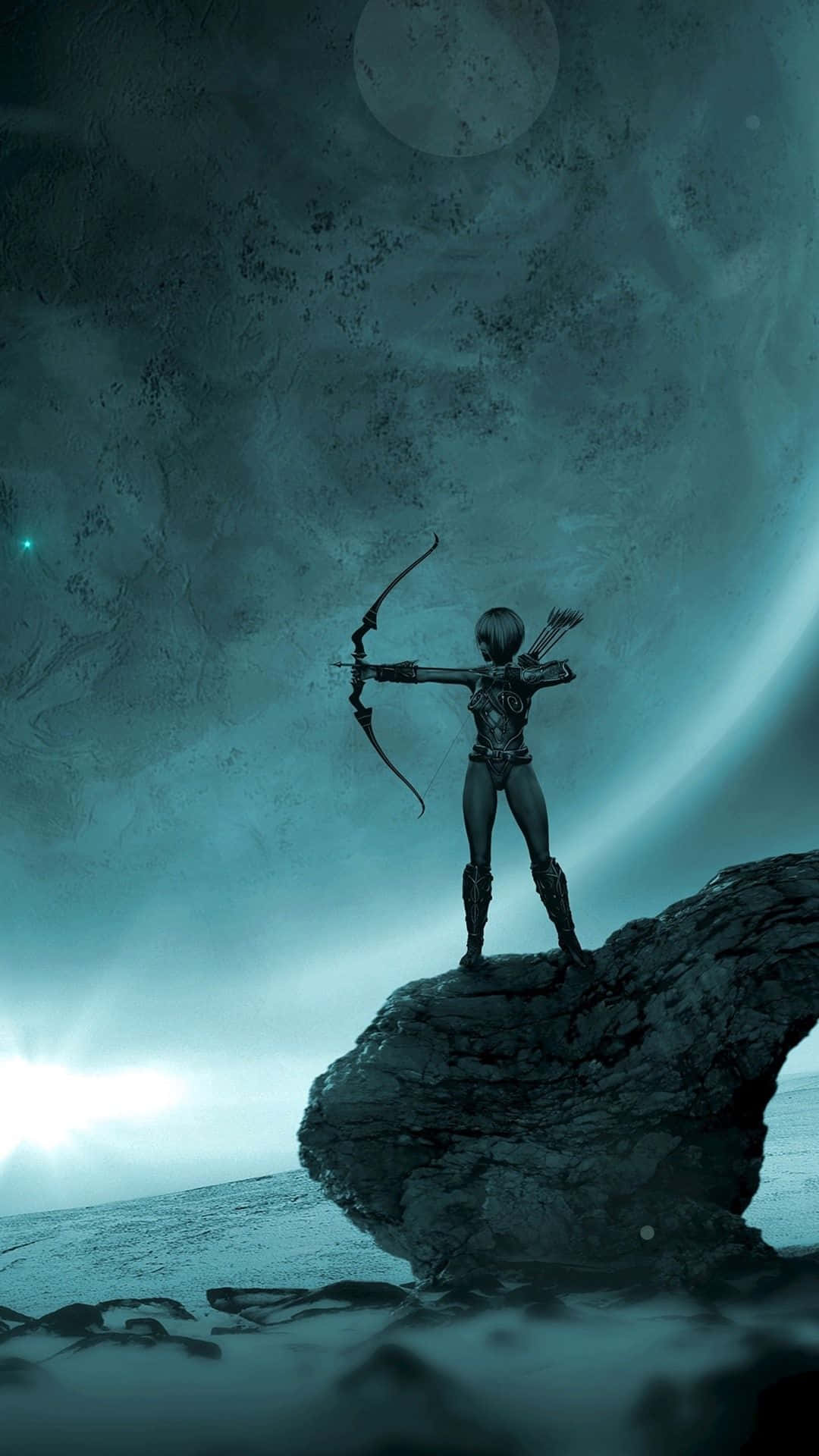 Archery 桌布 壁紙 — 一個孤獨的弓箭手站在岩石露頭上，背景是廣闊的外星天空，有發光的行星和月亮。