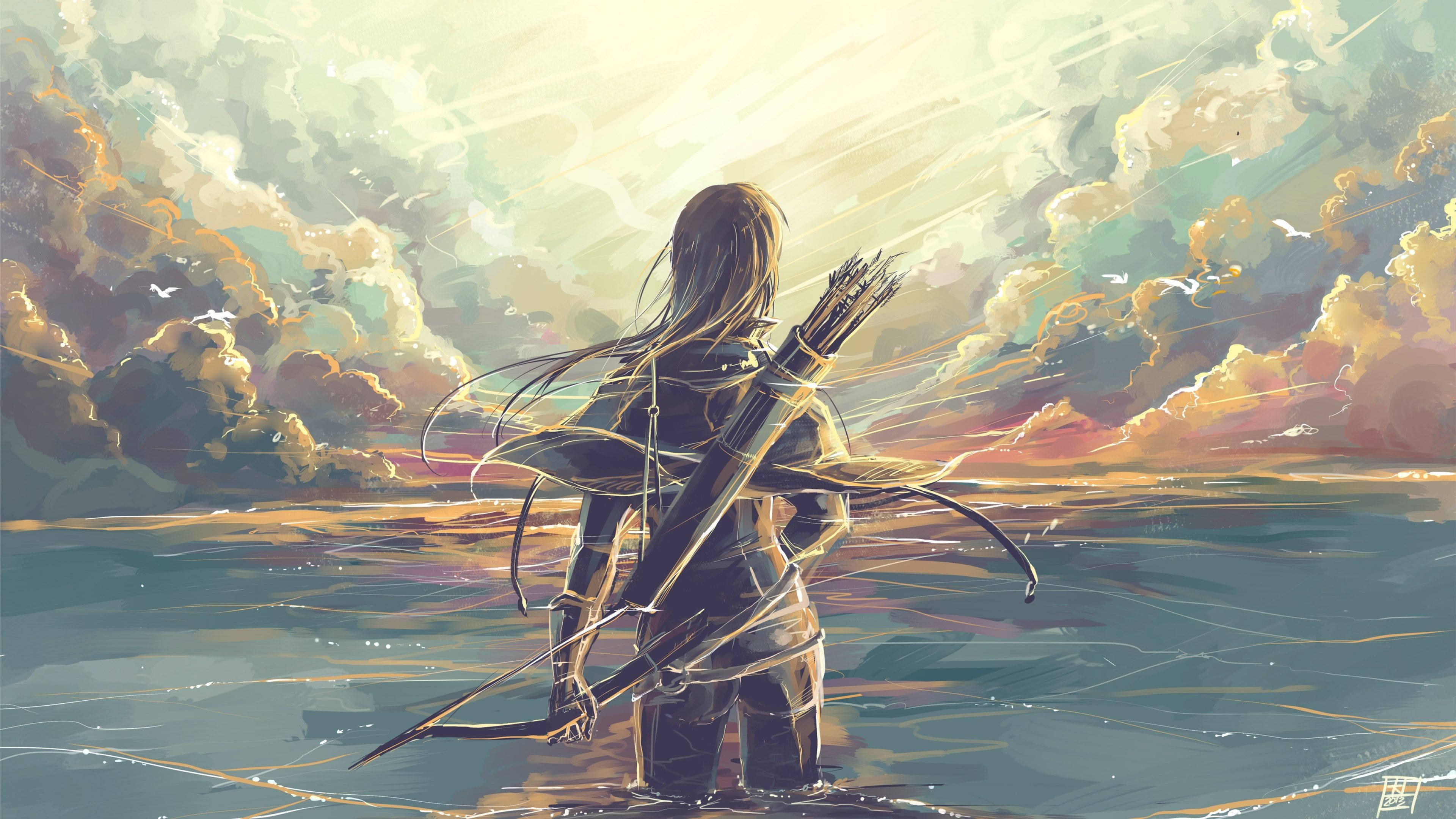 Archery 桌布 壁紙 — 一個孤獨的弓箭手站在淺水中，凝視著戲劇性的日落天空，有旋轉的雲和飛翔的鳥。