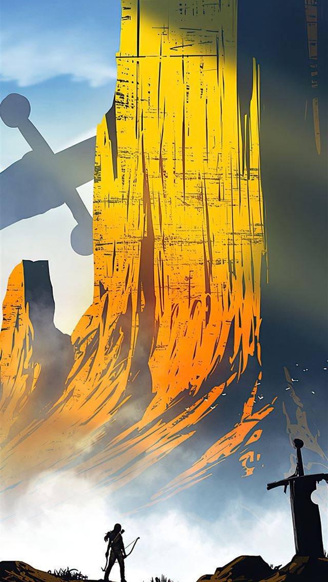 tomb raider iPhone 桌布 壁紙 — 一個孤獨的弓箭手站在高聳的金色懸崖前，一把巨劍刺穿天空，構成戲劇性的奇幻場景。