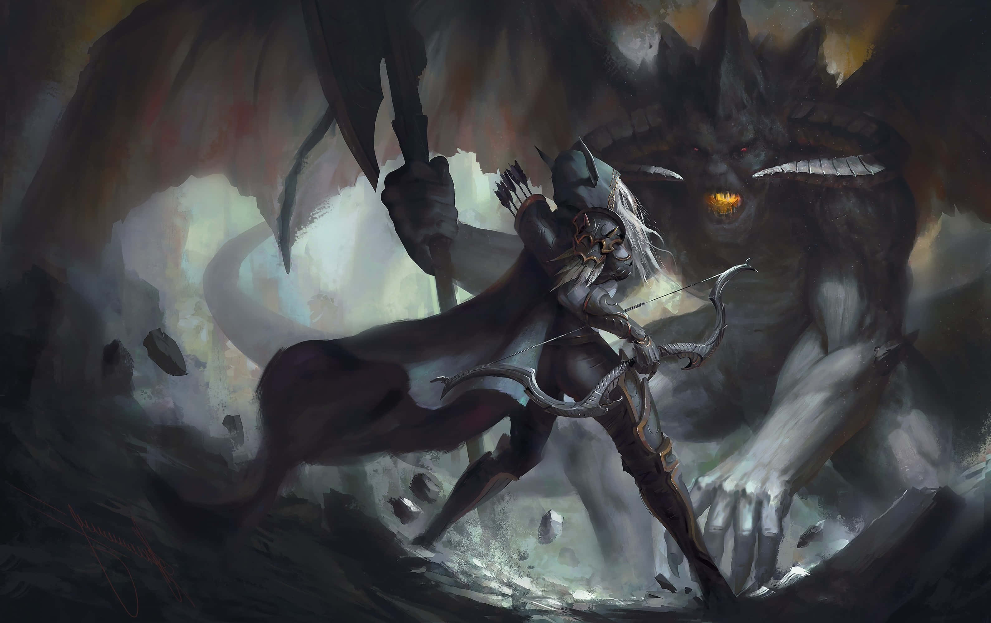 Sylvanas Windrunner 桌布 壁紙 — 一個孤獨的弓箭手身穿暗色盔甲，在風暴洞穴中挑釁地站在一隻擁有橙色發光眼睛的巨大陰影龍面前。