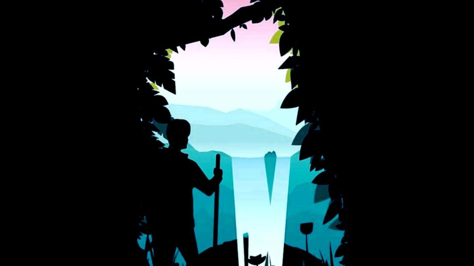 HD Amoled 桌布 壁紙 — 一個孤獨的徒步者拿著手杖，被樹枝框住，在黎明時分凝視著一個霧氣瀰漫的藍色山谷。