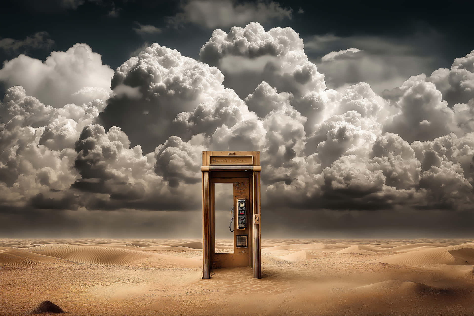 Vintage Phone Booth in Desert Under Dramatic Cloudscape 壁紙 — 一個孤獨的復古電話亭矗立在廣闊沙漠中央，上方是充滿高聳雲層的戲劇性天空。