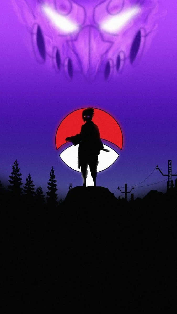 Dope Naruto 桌布 壁紙 — 一個孤獨的忍者剪影站在山頂上，背景是發光的紅白眼睛符號，紫色天空上方有一個幽靈般的面孔若隱若現。