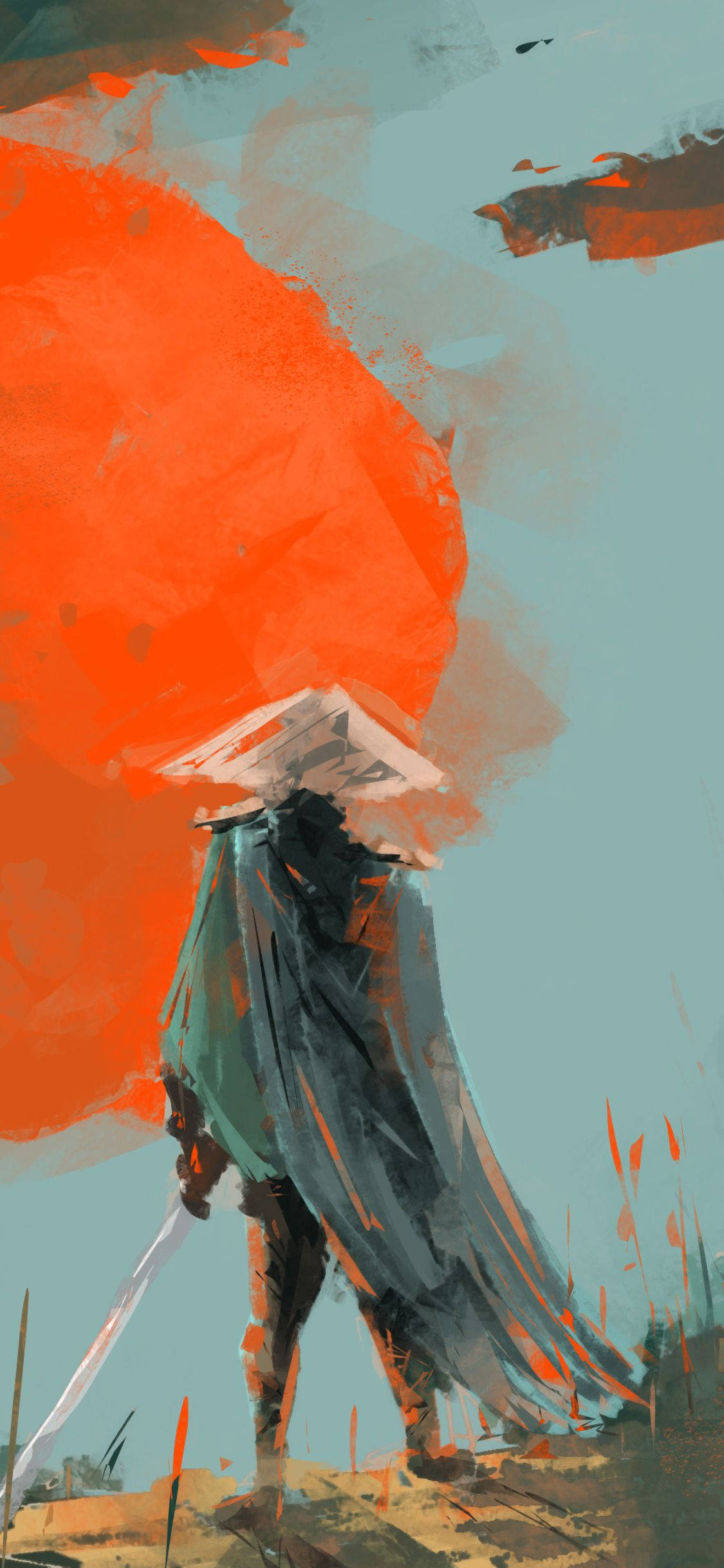 Samurai Art 桌布 壁紙 — 一個孤獨的戰士，戴著圓錐形帽子，披著飄逸的斗篷，在風格化的數位繪畫中，以巨大的熾熱橙色太陽為背景，呈現剪影。