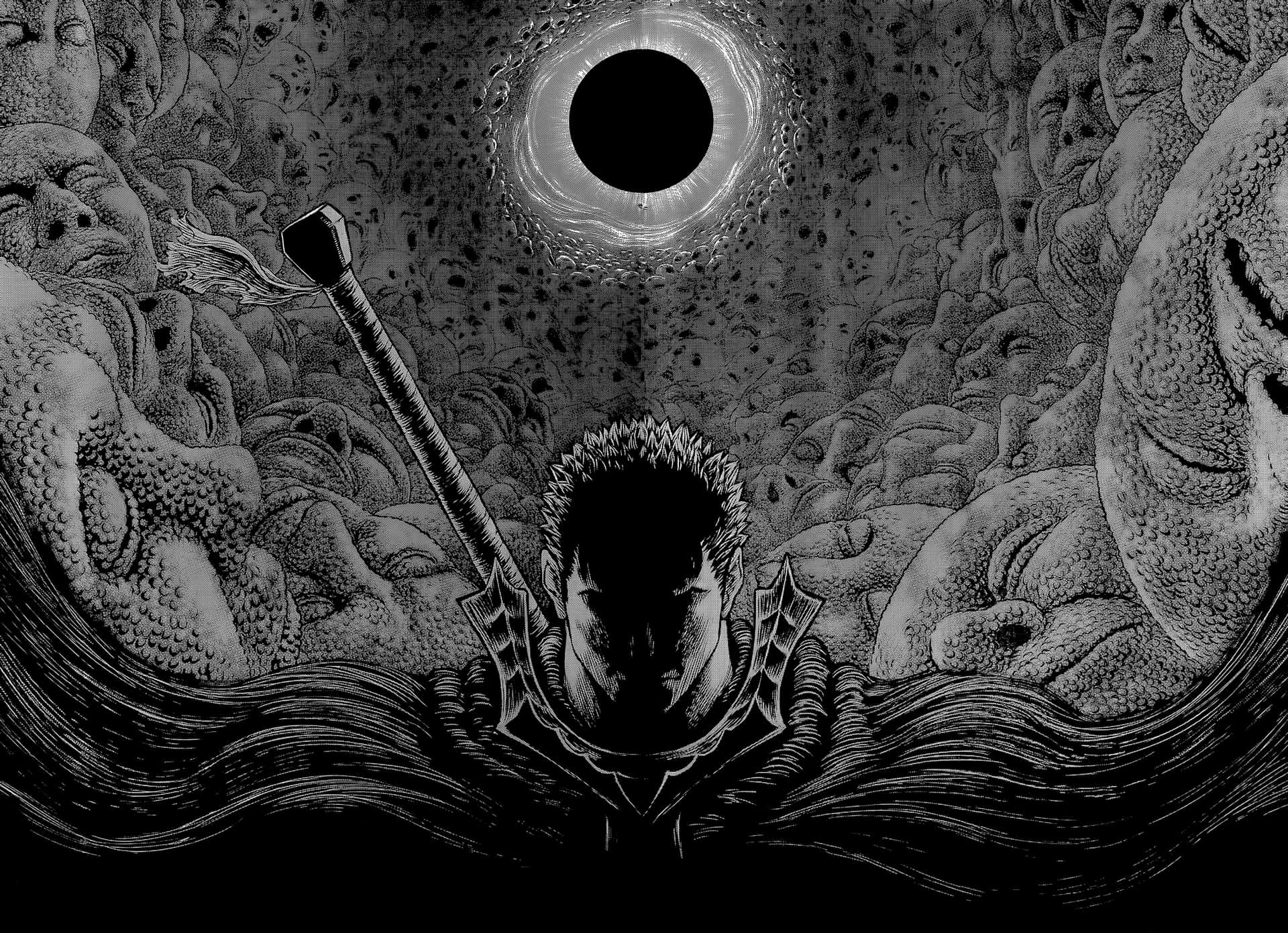 一個手持劍的戰士，在宇宙之眼下被旋轉的臉孔包圍。 — 漫畫gif 壁紙