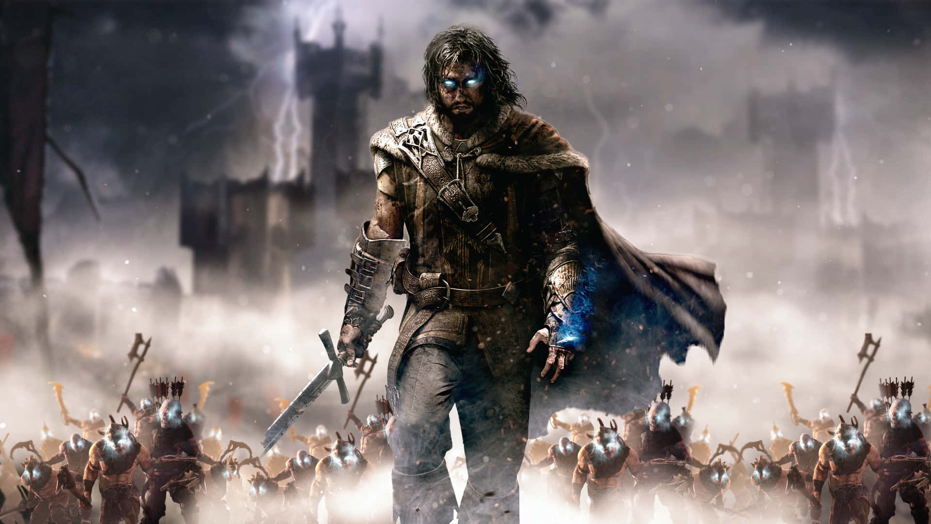 Best Shadow Of Mordor 桌布 壁紙 — 一個孤獨的戰士，擁有發光的藍色眼睛和一把劍，在暴風雨的戰場上挑釁地站在一群裝甲敵人面前。