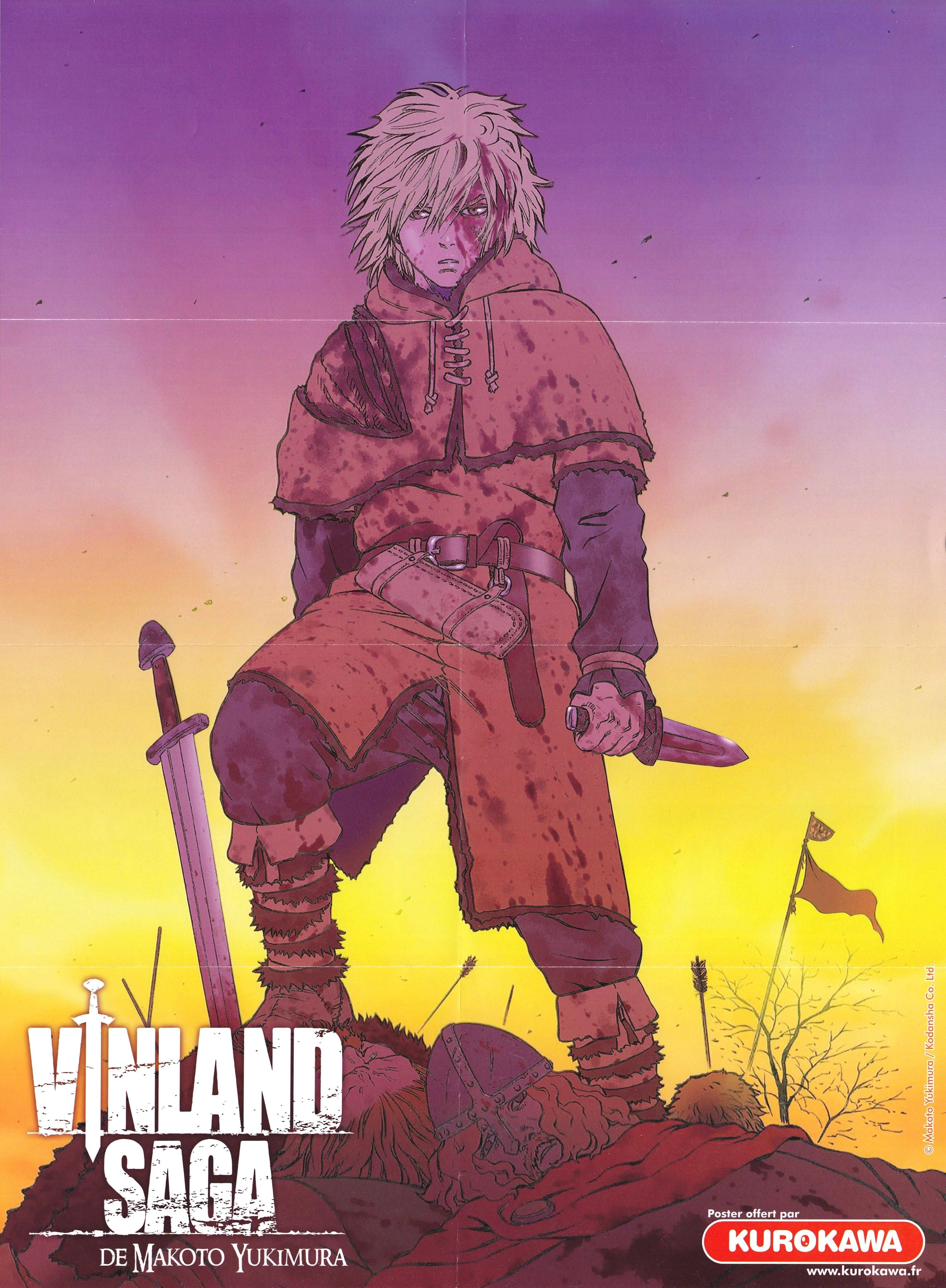 Vinland 桌布 壁紙 — 一個孤獨的戰士，頭髮尖刺，站在夕陽下的戰場上，手持匕首，周圍是倒下的敵人。